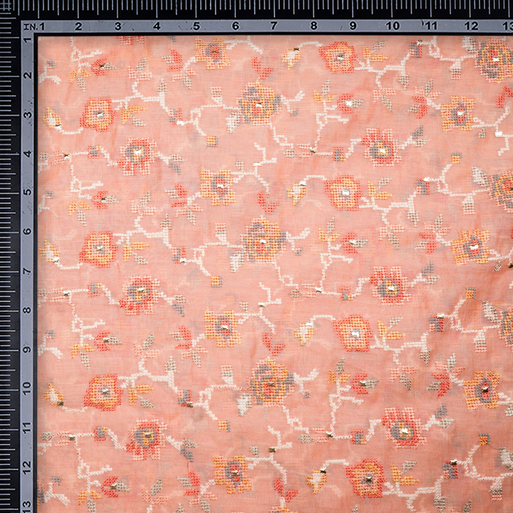 Peach All Over Cross Stitch Pattern Thread Embroidered Pure Chanderi Fabric