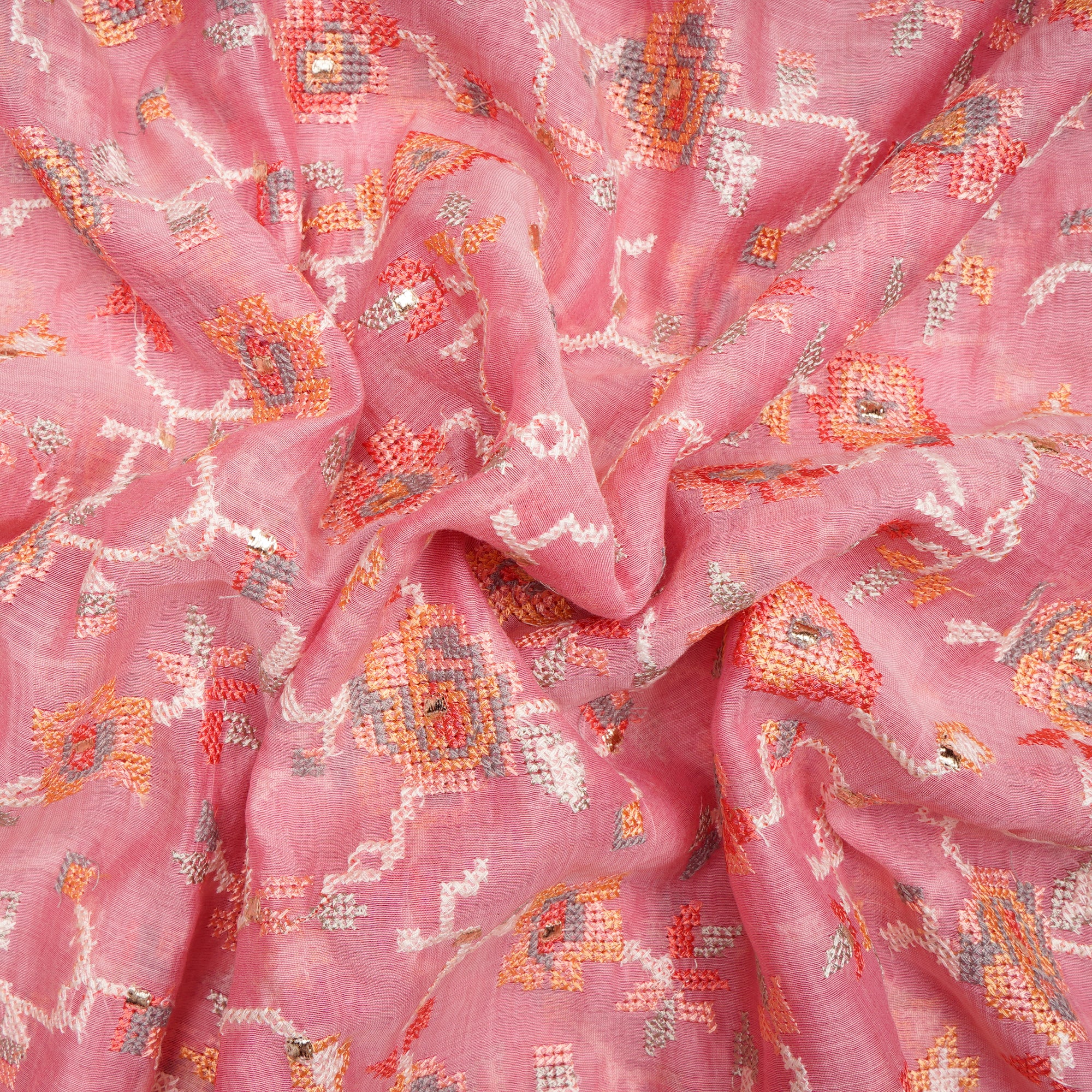 Baby Pink All Over Cross Stitch Pattern Thread Embroidered Pure Chanderi Fabric