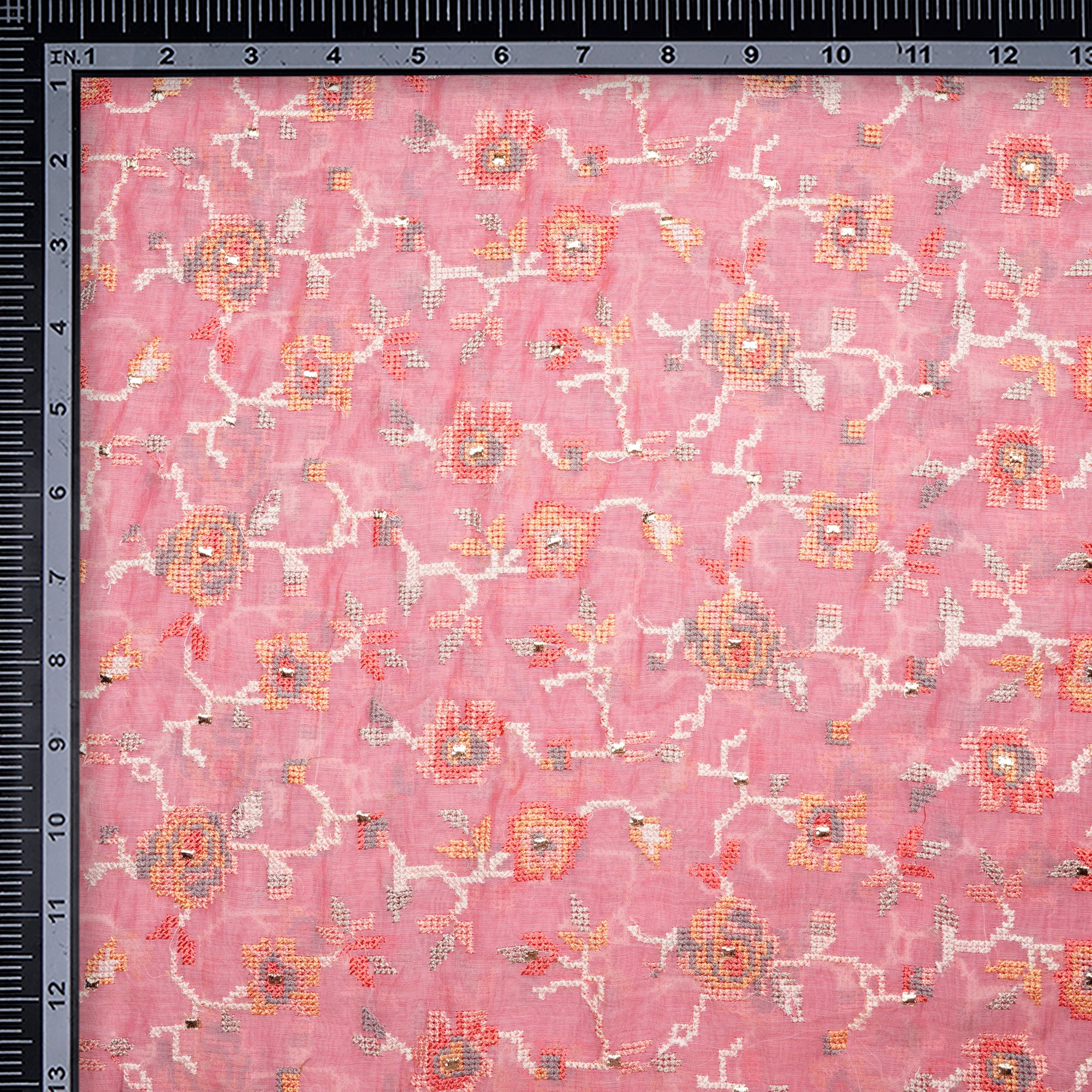 Baby Pink All Over Cross Stitch Pattern Thread Embroidered Pure Chanderi Fabric