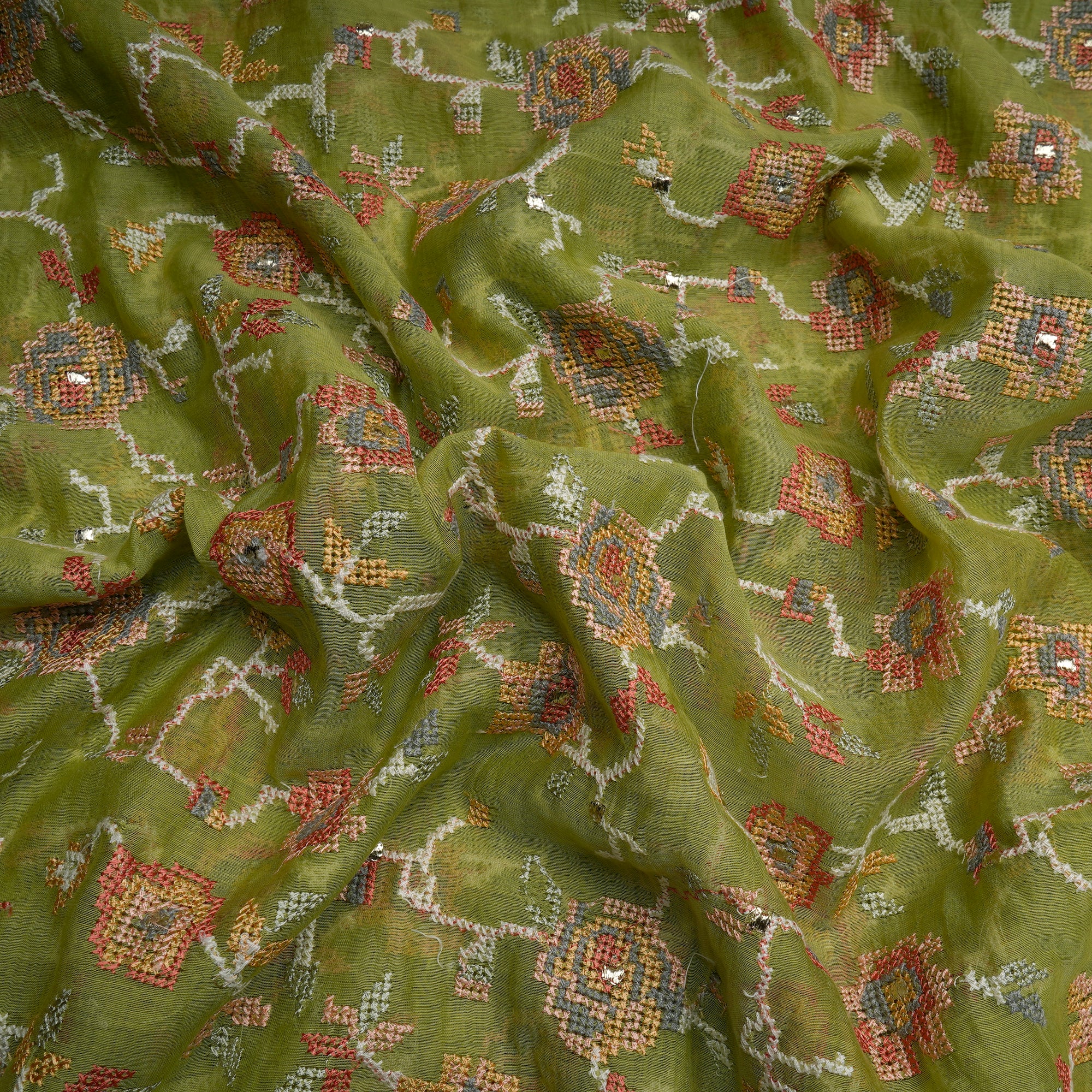 Lime Green Floral Pattern Thread Embroidered Chanderi Fabric