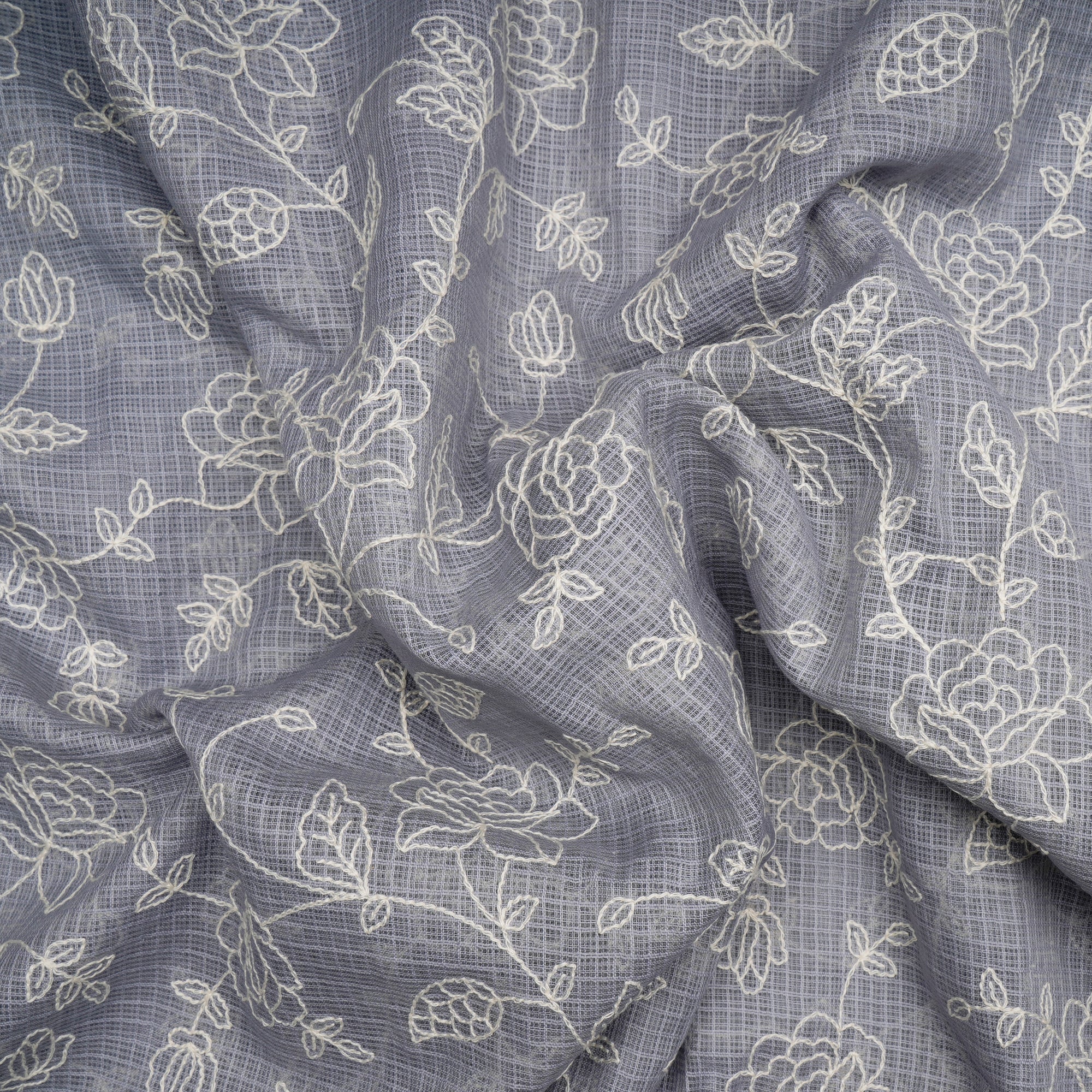 Grey Floral Pattern Thread Embroidered Kota Cotton Fabric