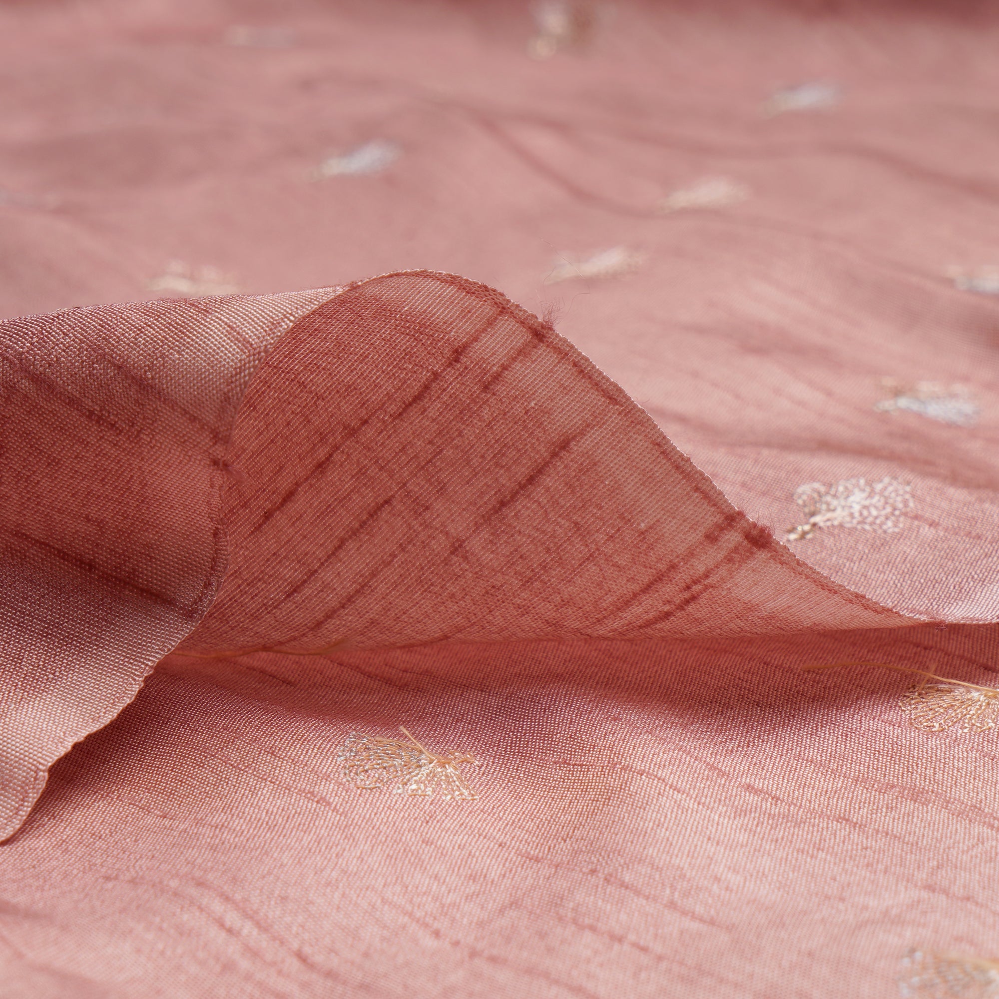 Peach Whip Motif Pattern Thread & Sequins Embroidered Viscose Muga Fabric