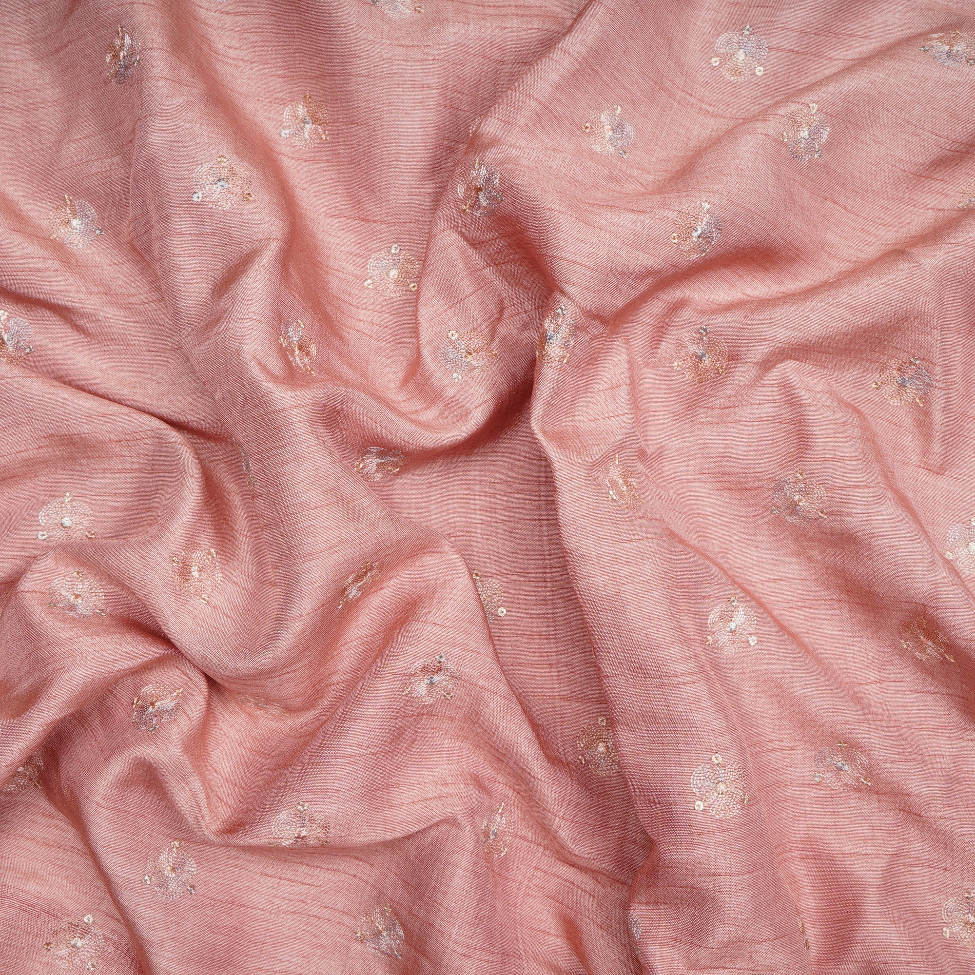 Peach Whip Motif Pattern Thread & Sequins Embroidered Viscose Muga Fabric