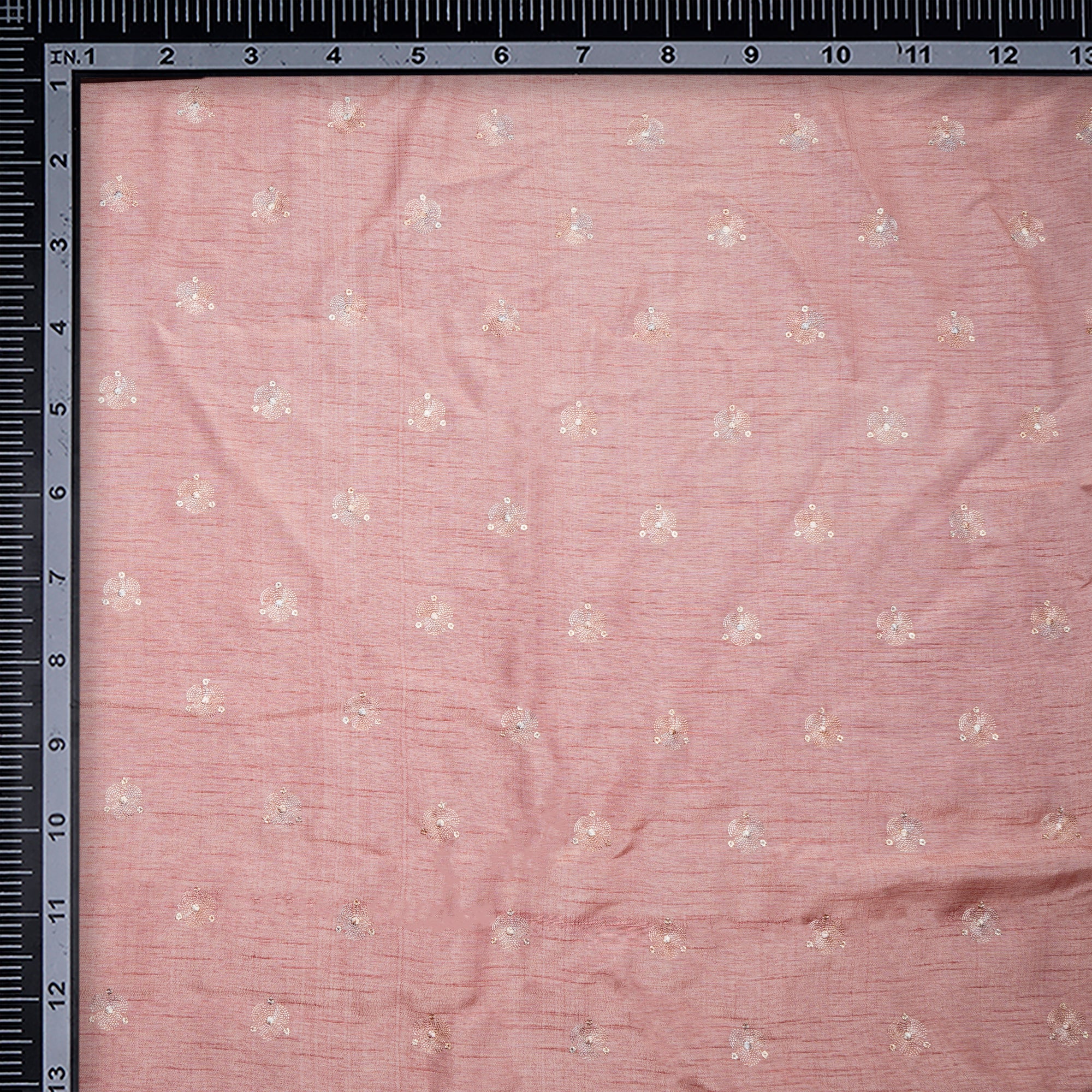 Peach Whip Motif Pattern Thread & Sequins Embroidered Viscose Muga Fabric