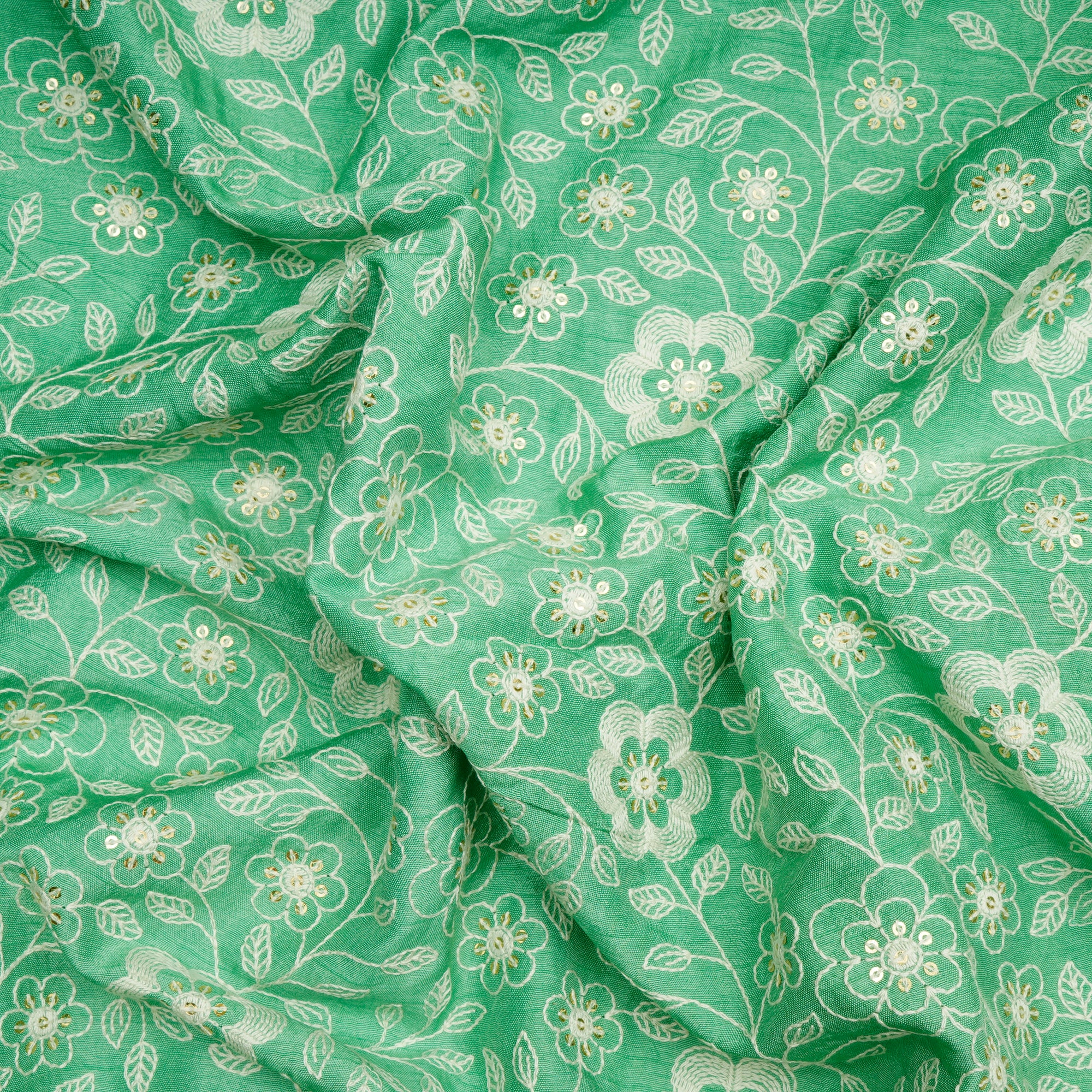 Absinthe Green Floral Pattern Thread Embroidered Viscose Fabric