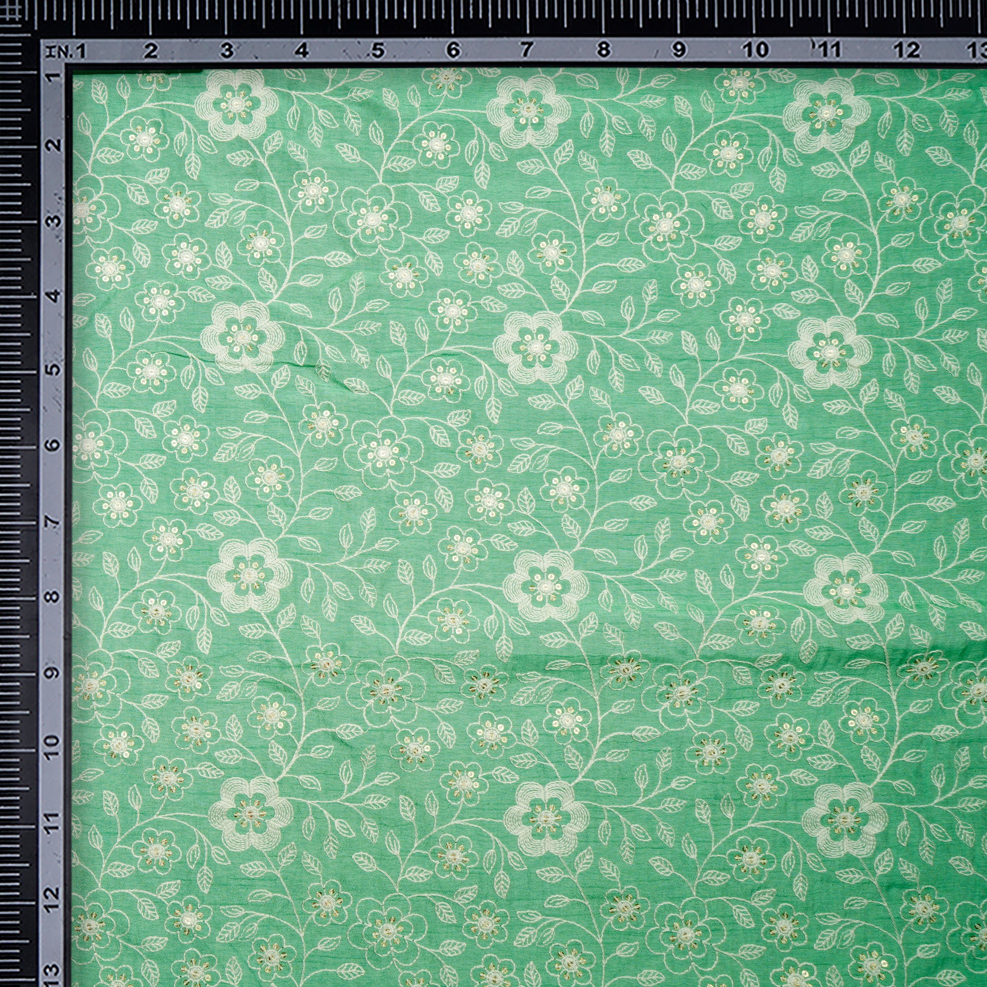 Absinthe Green Floral Pattern Thread Embroidered Viscose Fabric