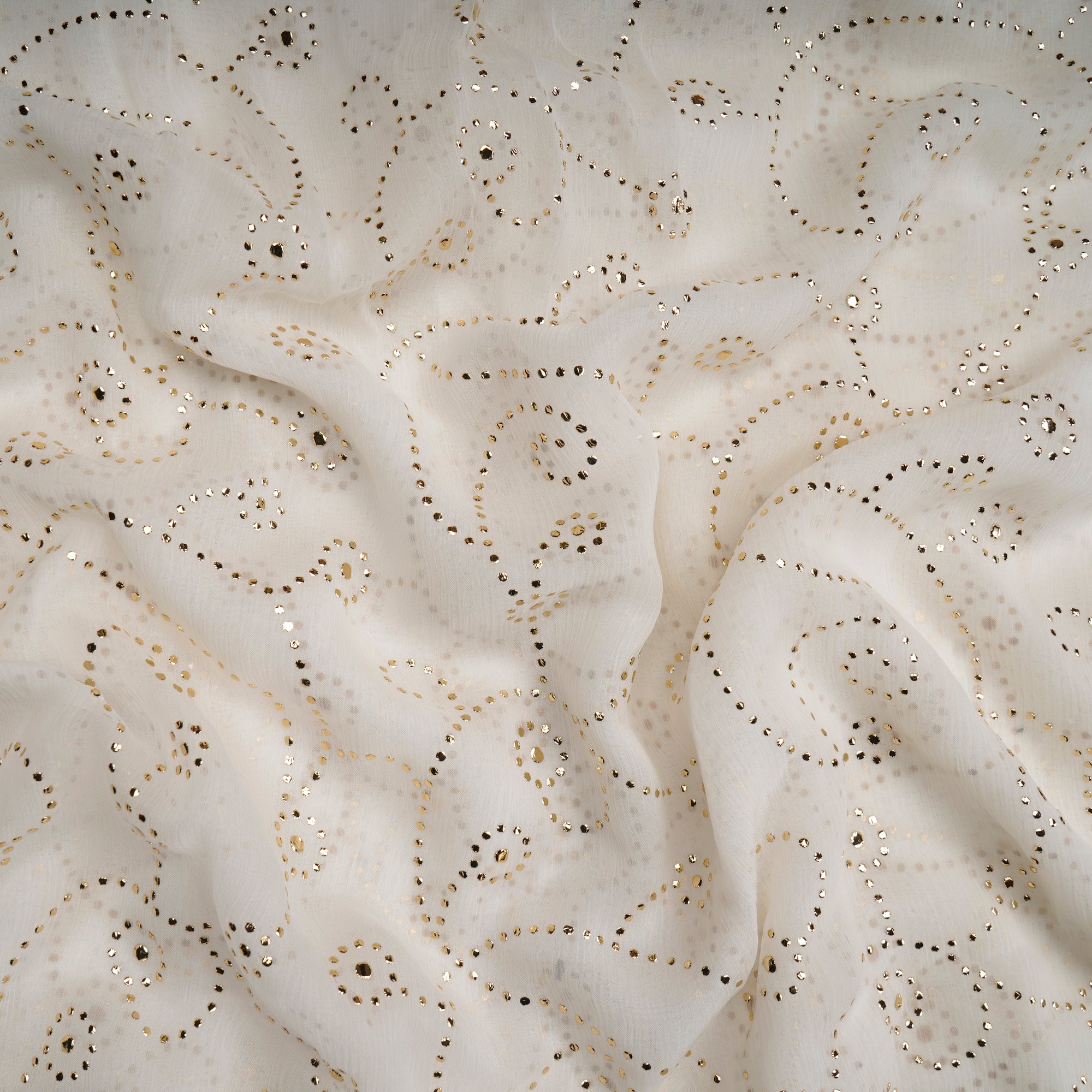 White Dyeable All Over Pattern Dew Drops Mukaish Style Rubber Print Embroidered Bemberg Chiffon Fabric