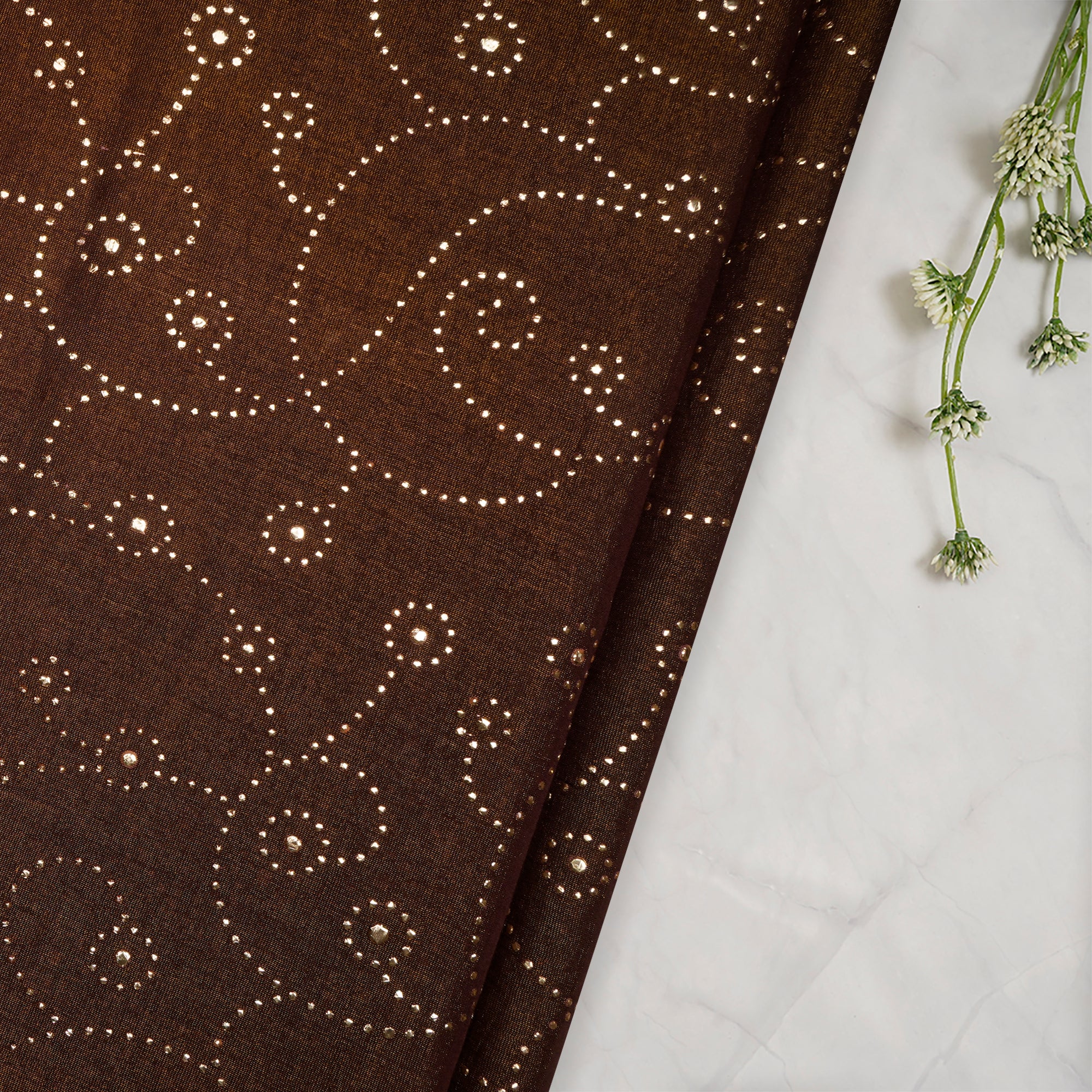 Brown All Over Pattern Dew Drops Mukaish Style Rubber Print Embroidered Tissue Chanderi Fabric