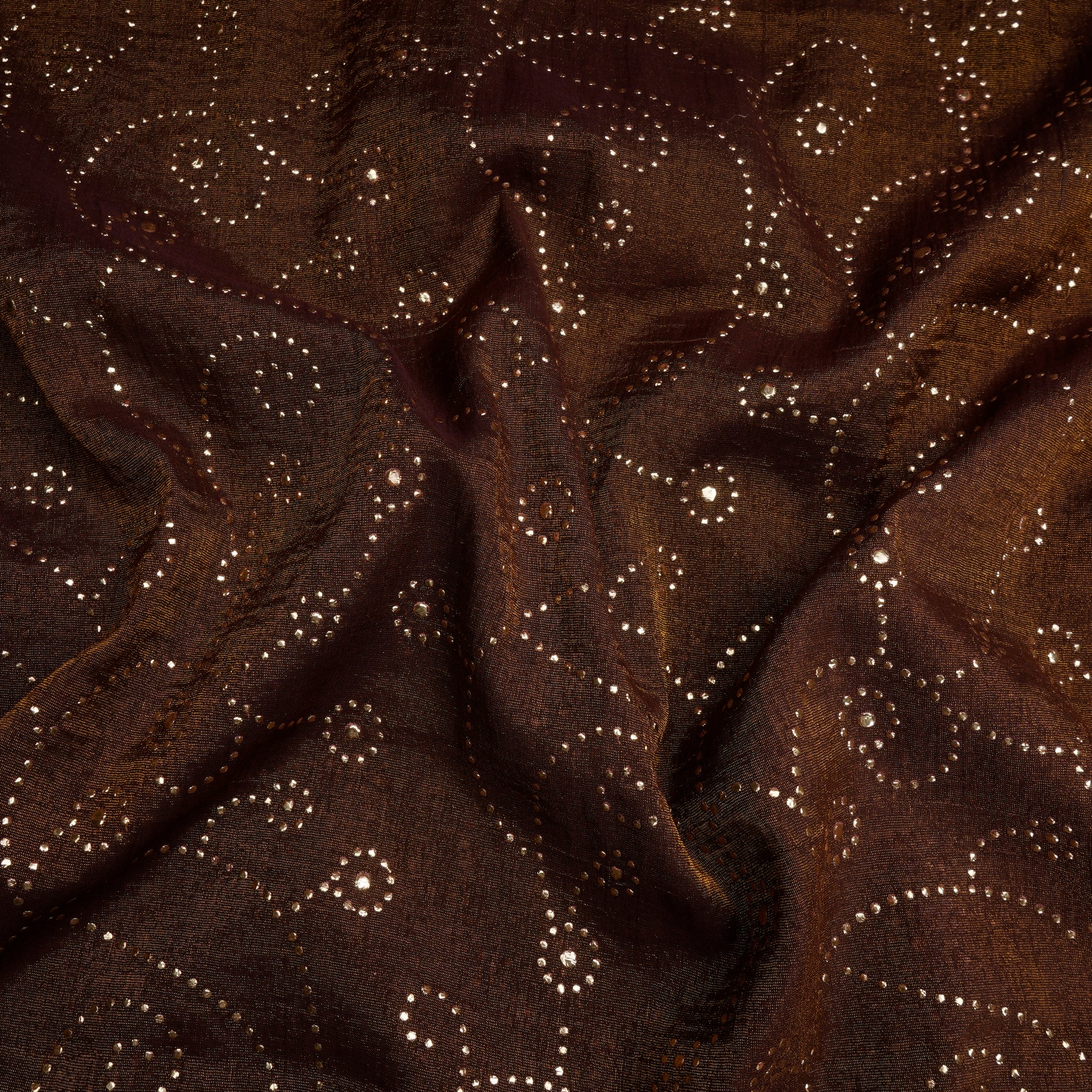 Brown All Over Pattern Dew Drops Mukaish Style Rubber Print Embroidered Tissue Chanderi Fabric