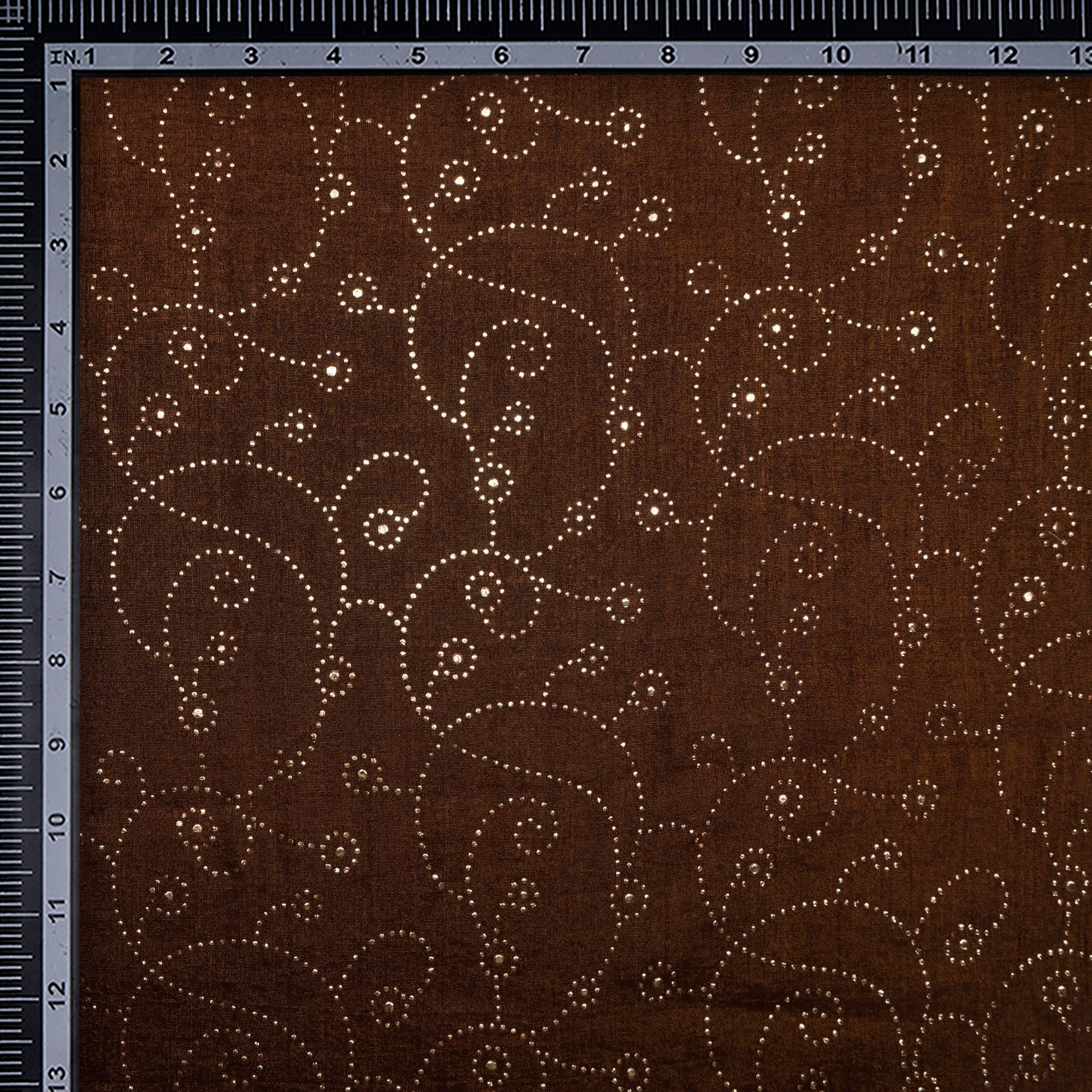 Brown All Over Pattern Dew Drops Mukaish Style Rubber Print Embroidered Tissue Chanderi Fabric