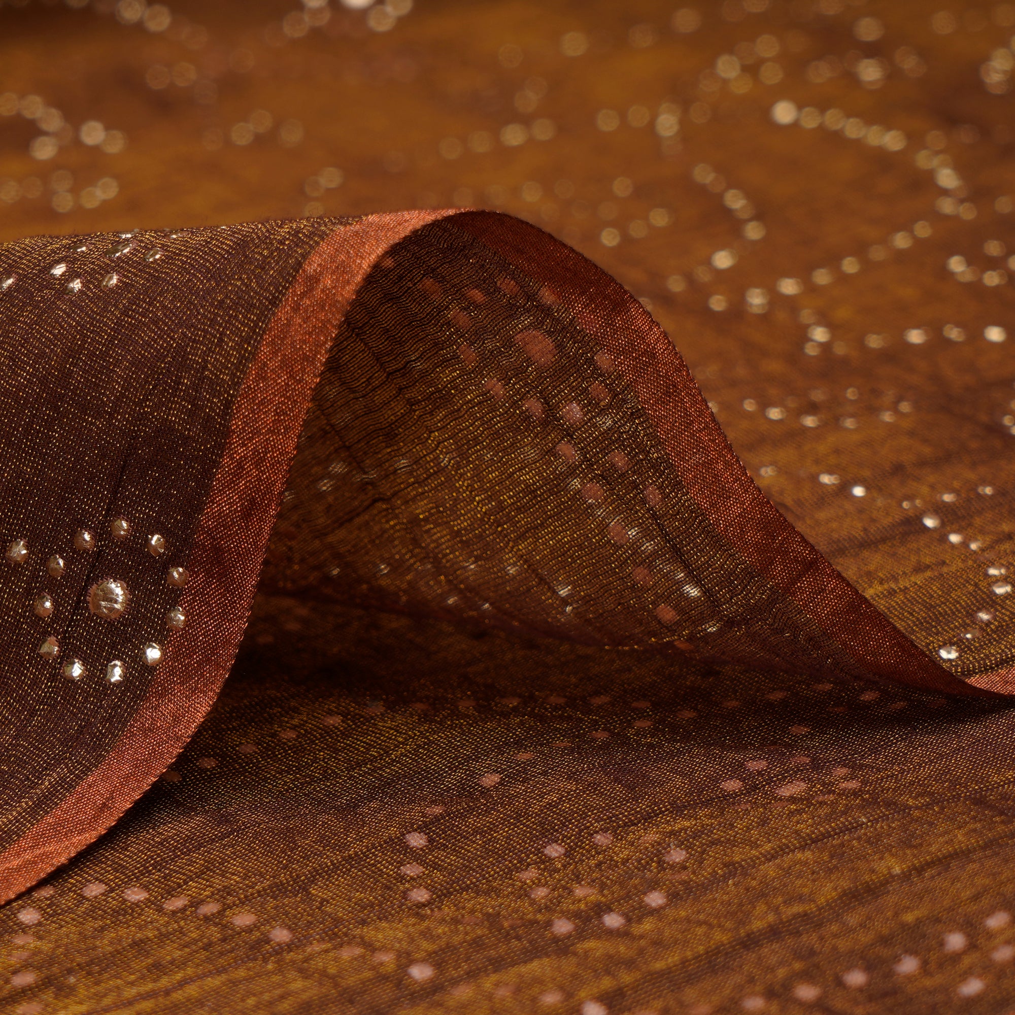 Brown All Over Pattern Dew Drops Mukaish Style Rubber Print Embroidered Tissue Chanderi Fabric