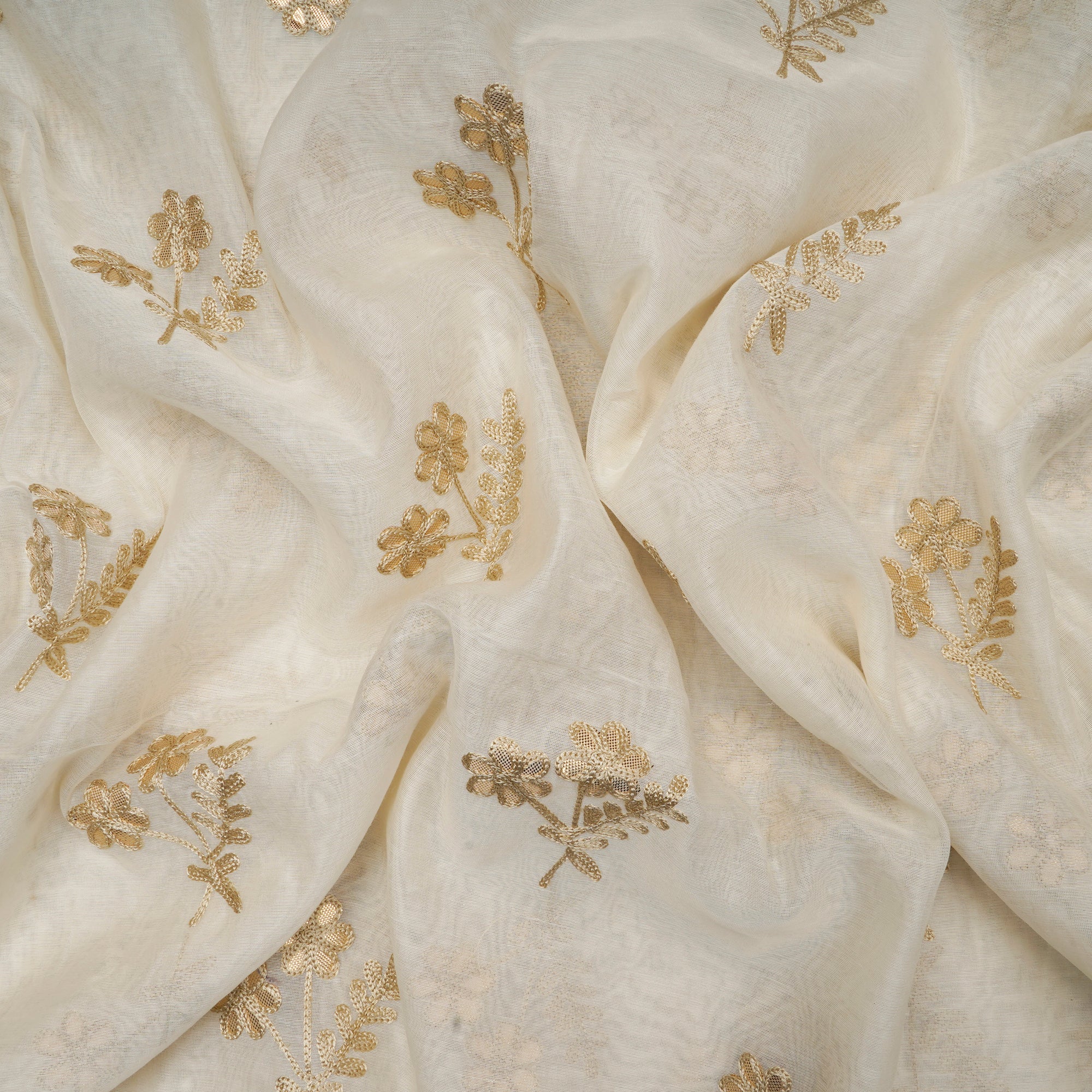Off-White Dyeable Motif Pattern Thread Embroidered Fine Chanderi Fabric