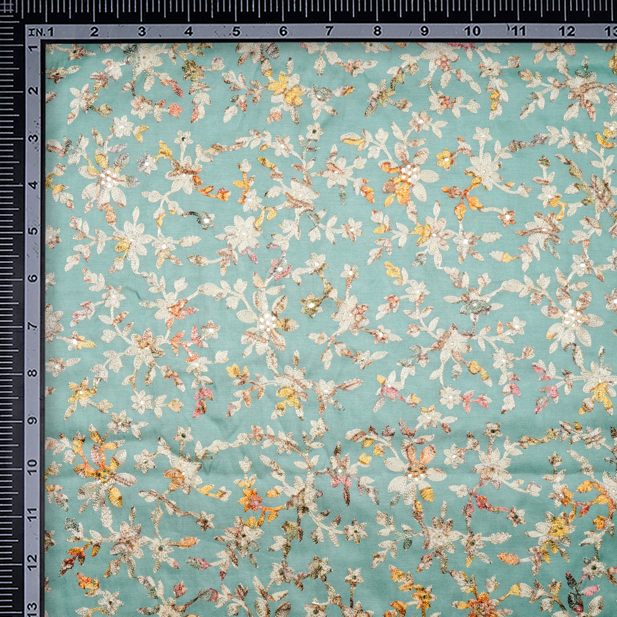 Gossamer Green-Beige All Over Pattern Thread Embroidered Poly-Tusser Fabric