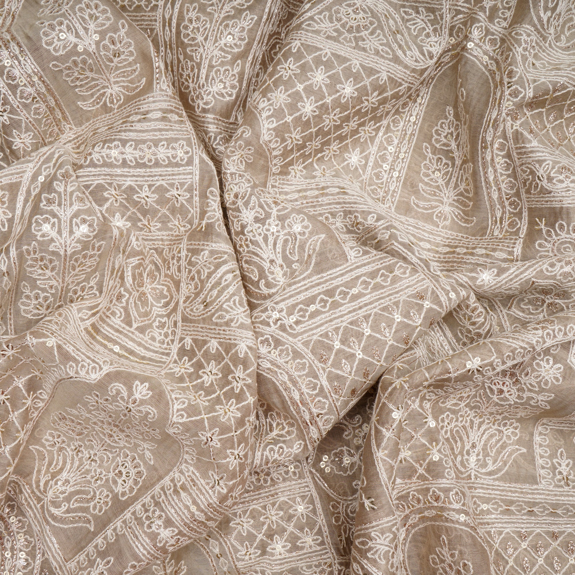 Kelp All Over Mughal Pattern Thread & Sequins Embroidered Chanderi Fabric