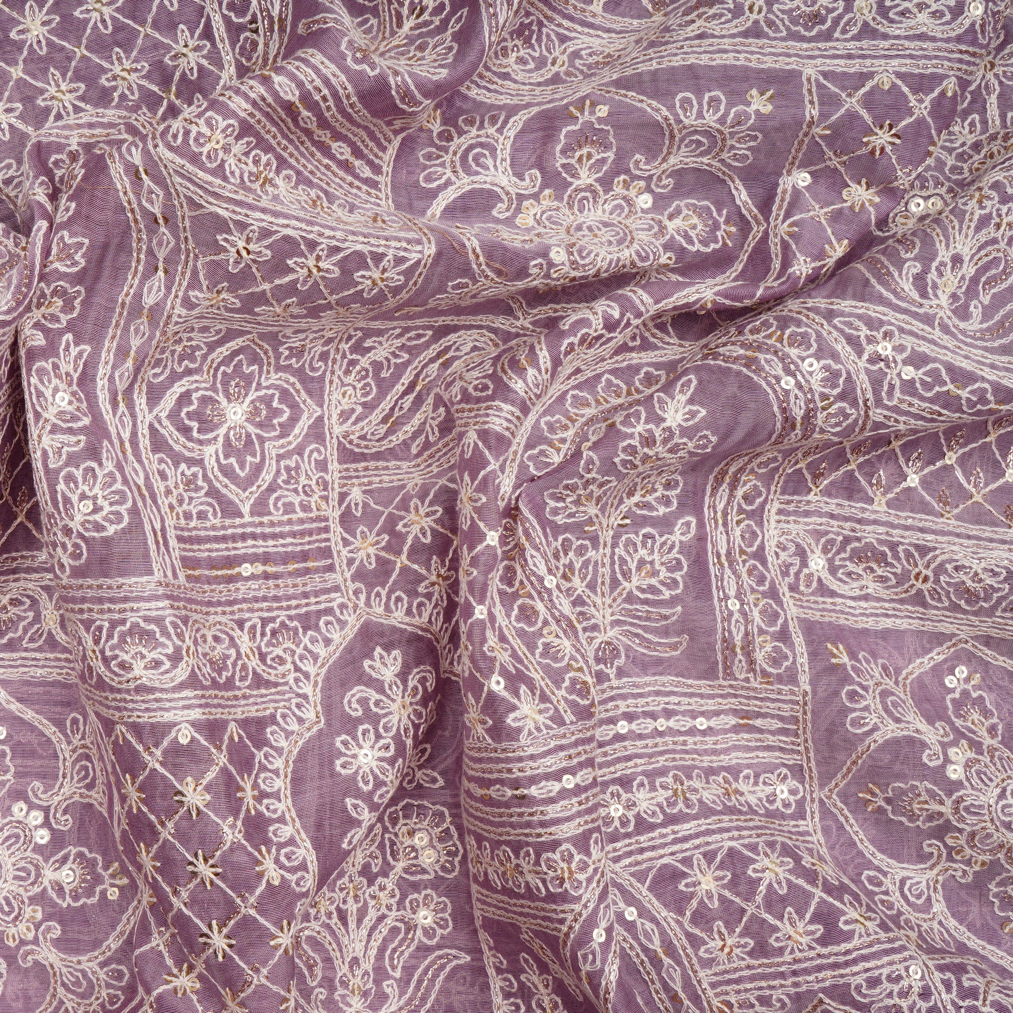 Lavender Herb All Over Mughal Pattern Thread & Sequins Embroidered Chanderi Fabric