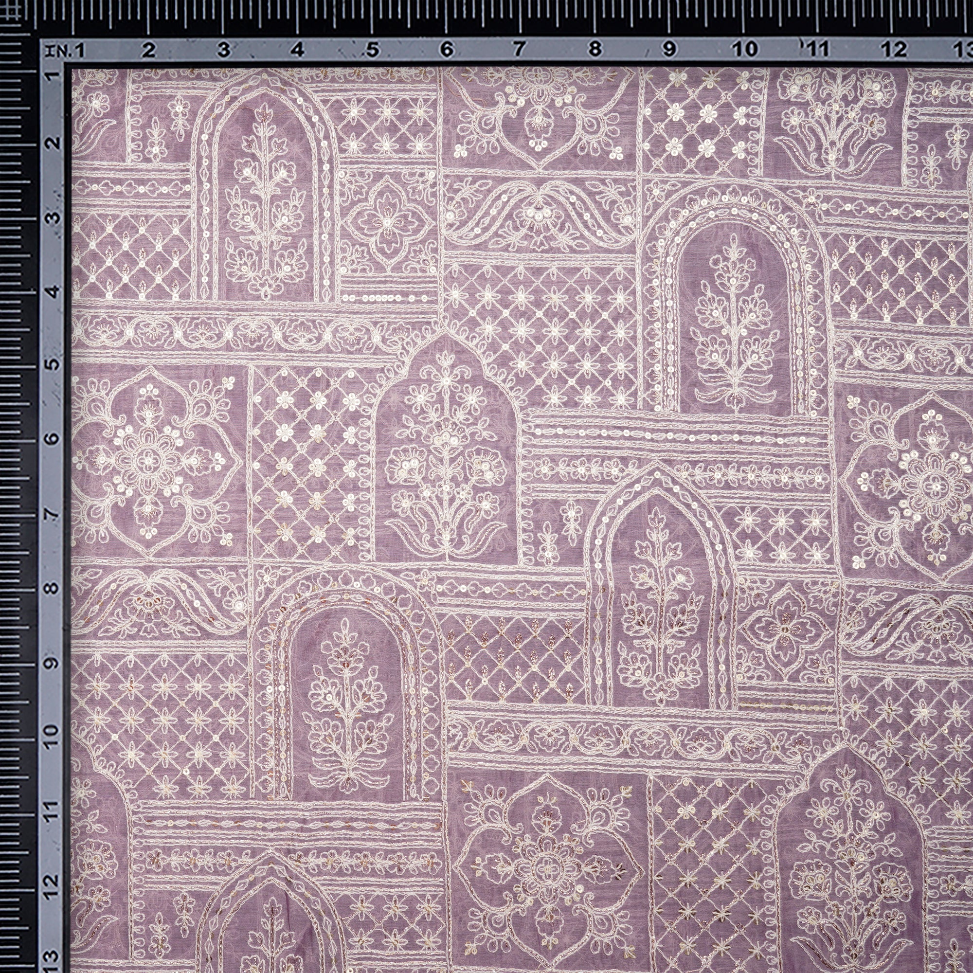 Lavender Herb All Over Mughal Pattern Thread & Sequins Embroidered Chanderi Fabric