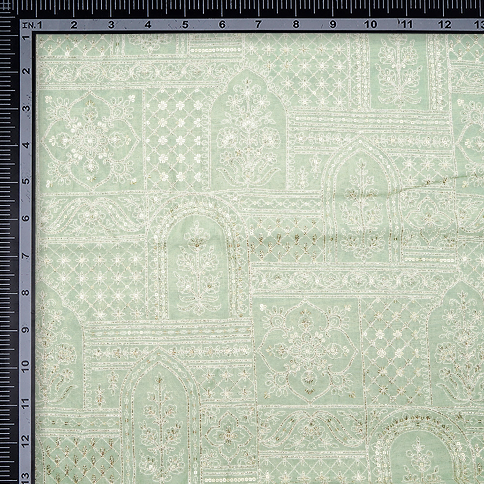 Celadon All Over Mughal Pattern Thread & Sequins Embroidered Chanderi Fabric