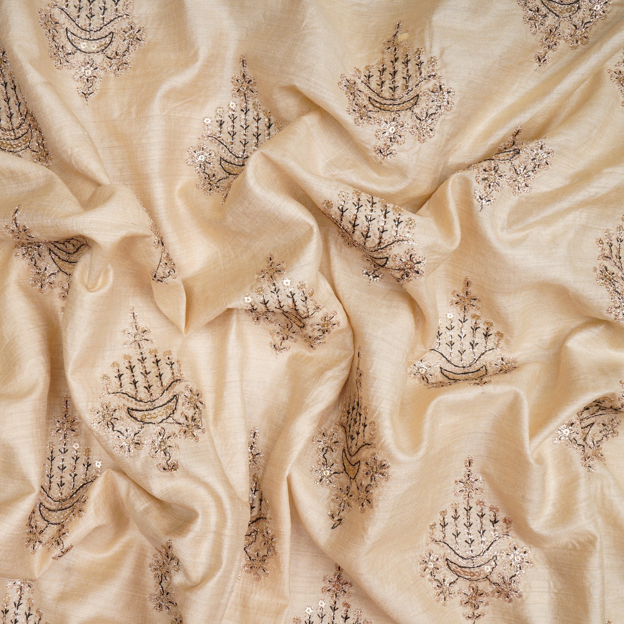 Beige-Gold Motif Pattern Dyeable Thread & Sequins Embroidered Tusser Muga Fabric