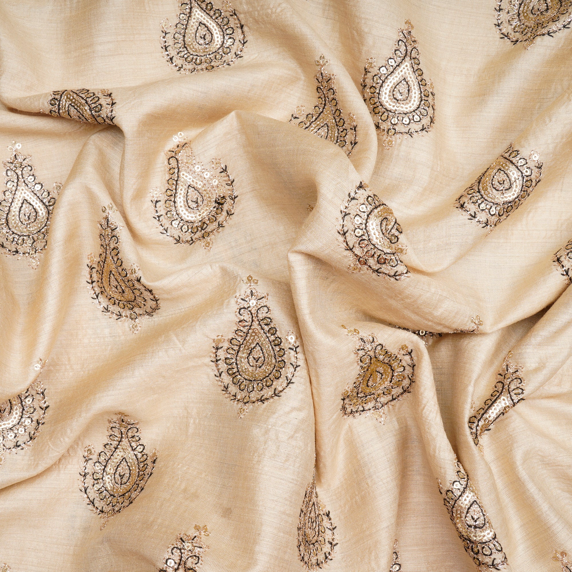 Beige-Gold Motif Pattern Dyeable Thread & Sequins Embroidered Tusser Muga Fabric