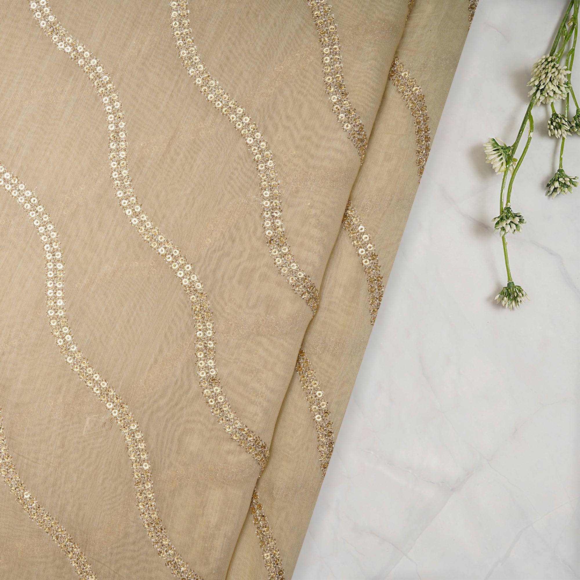 Beige Lehariya Pattern Thread & Sequins Embroidered Chanderi Fabric