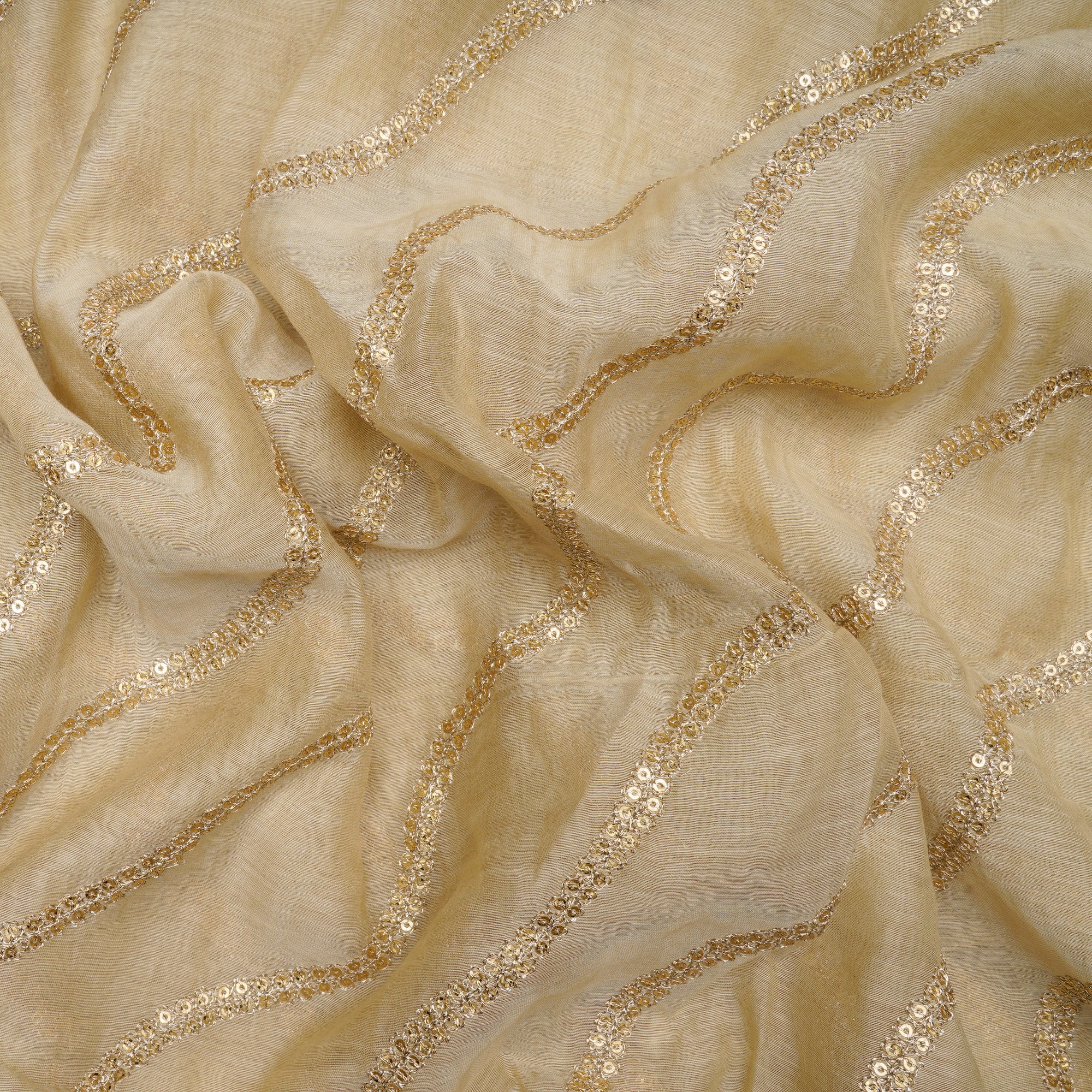 Beige Lehariya Pattern Thread & Sequins Embroidered Chanderi Fabric