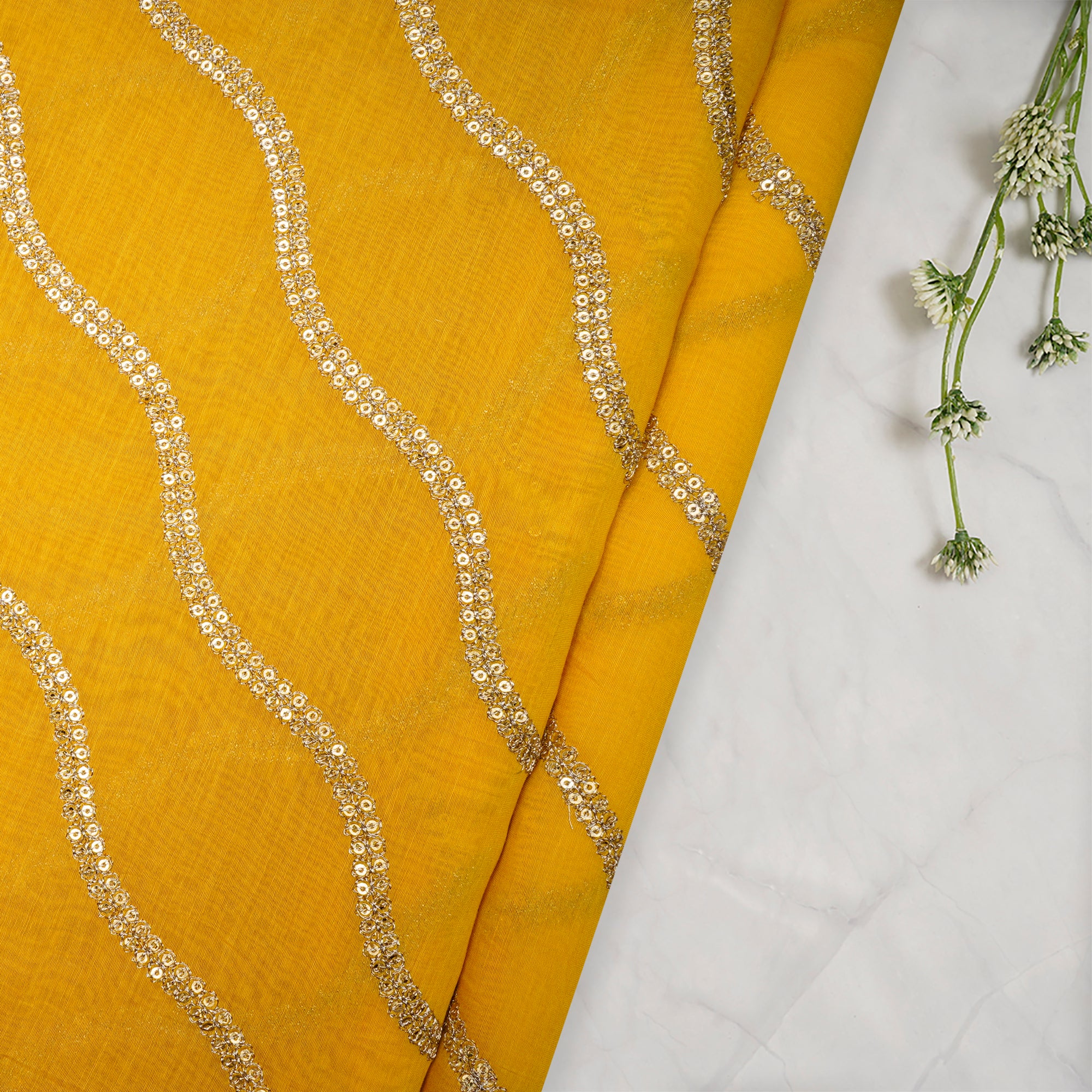 Yellow Lehariya Pattern Thread & Sequins Embroidered Chanderi Fabric