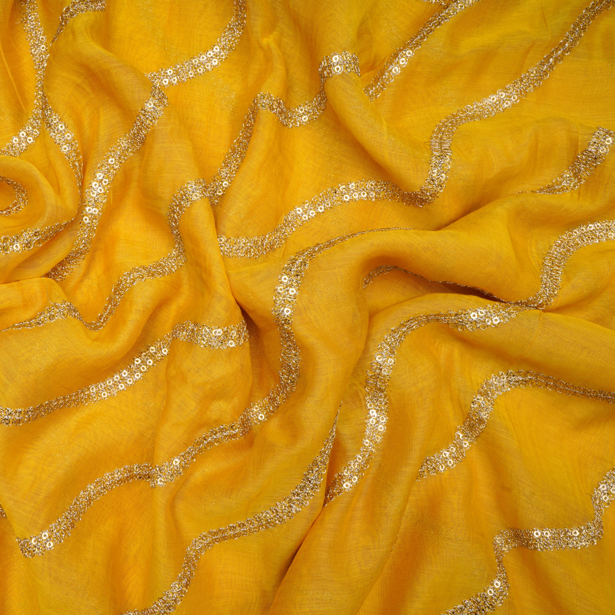 Yellow Lehariya Pattern Thread & Sequins Embroidered Chanderi Fabric