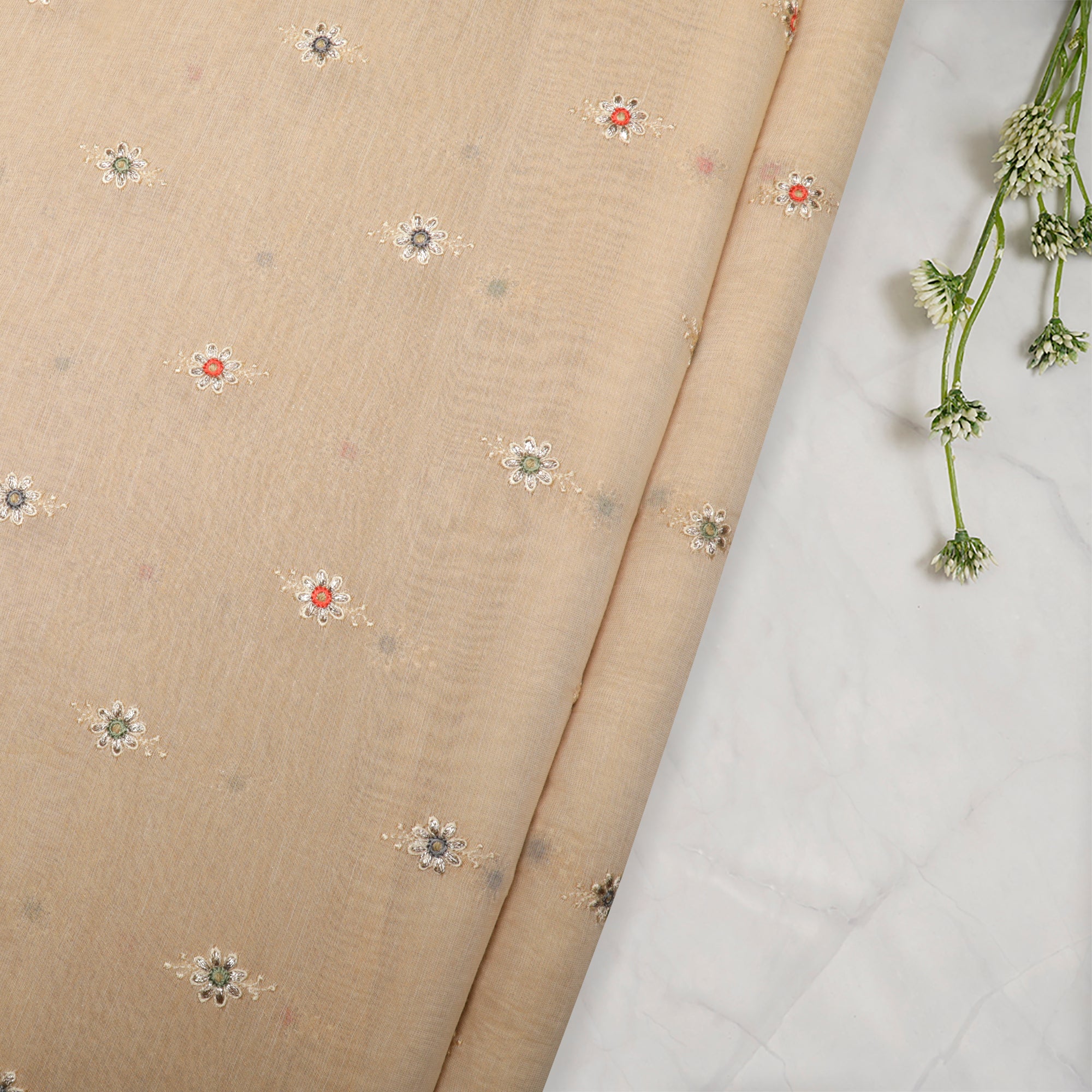Beige Floral Motif Pattern Embroidered Tissue Chanderi Fabric
