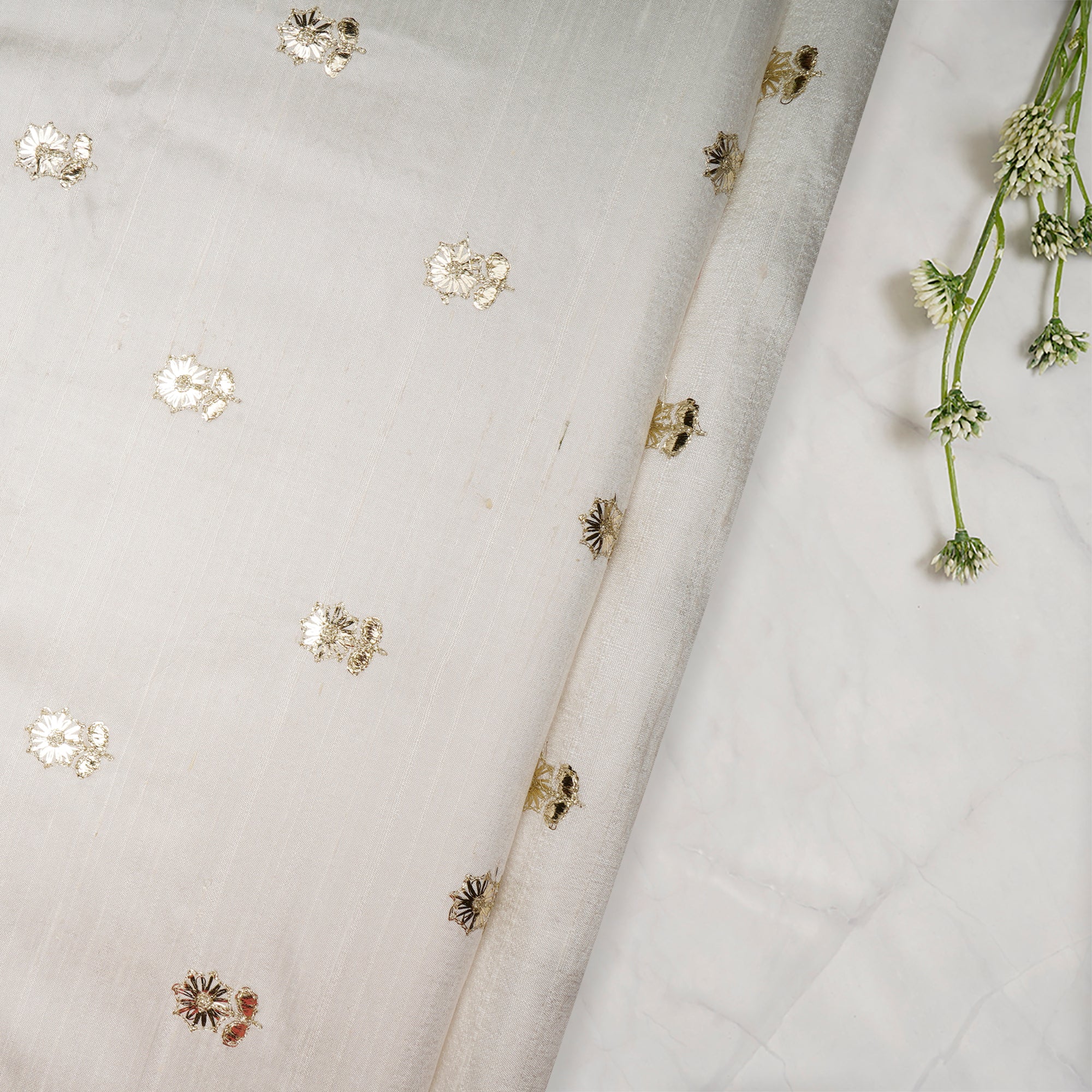 White Dyeable Booti Pattern Gota Patti Embroidered Raw Silk Fabric