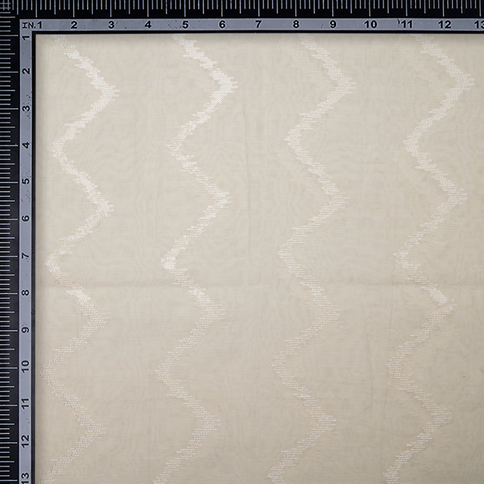 White Dyeable Chevron Pattern Thread &Sequins Embroidered Chanderi Fabric