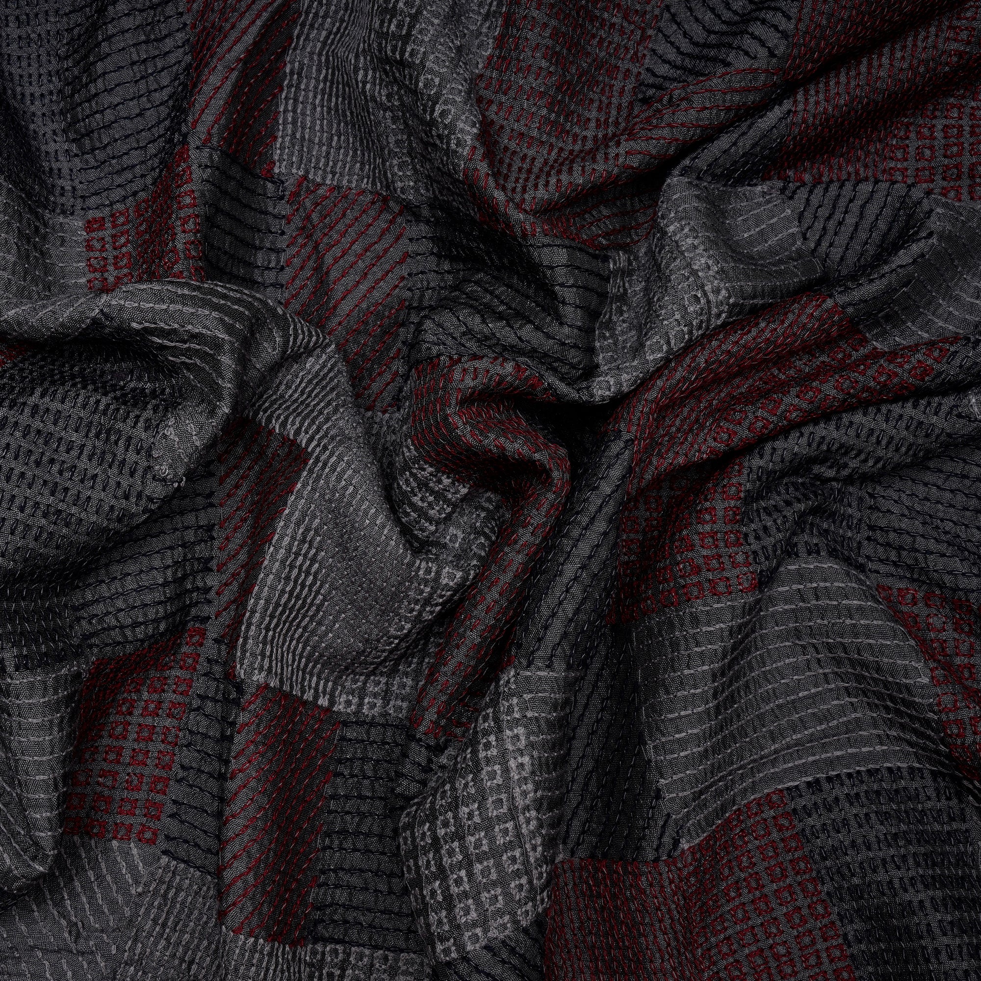 Dark Grey Geometric Pattern Thread Embroidered Bemberg Viscose Fabric