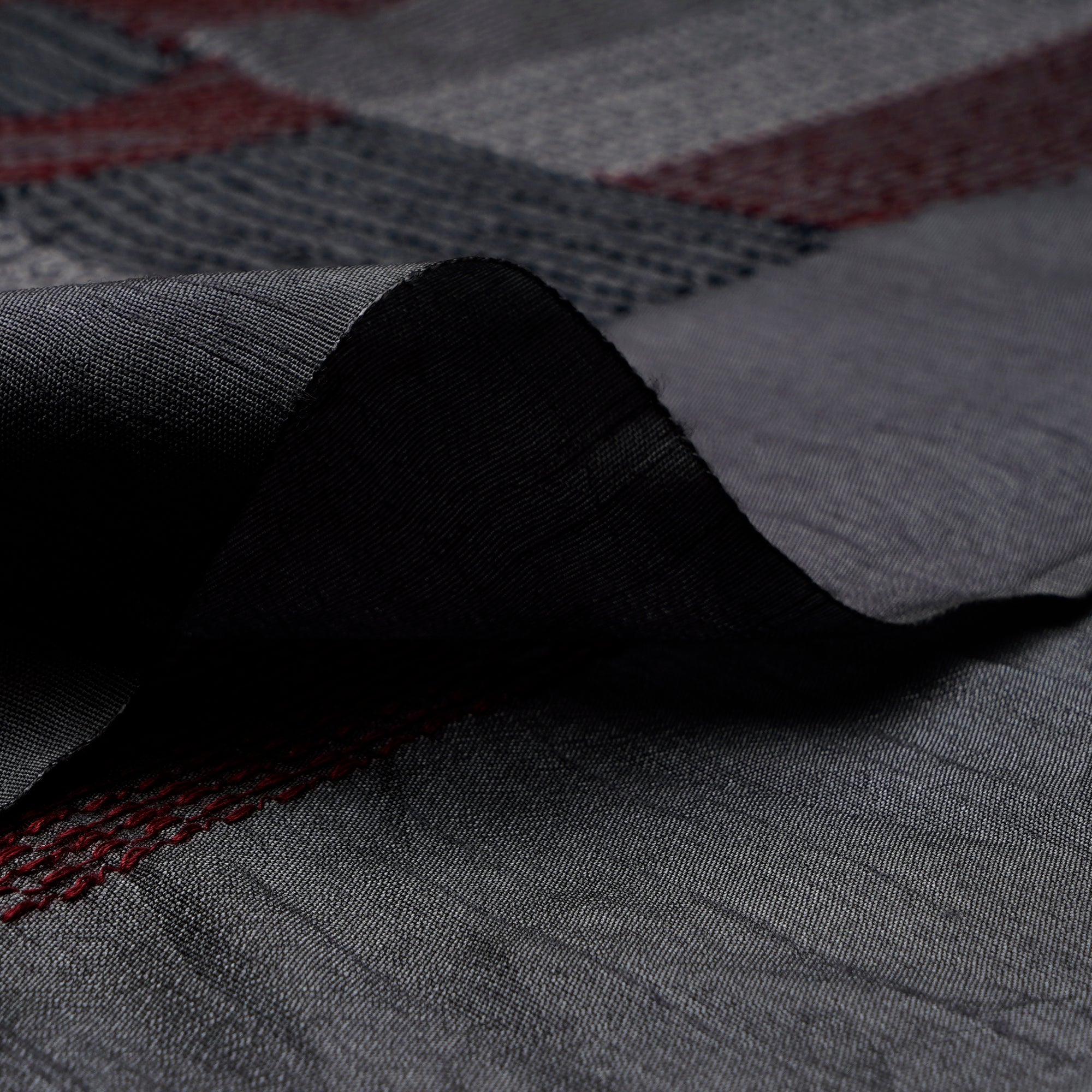 Dark Grey Geometric Pattern Thread Embroidered Bemberg Viscose Fabric