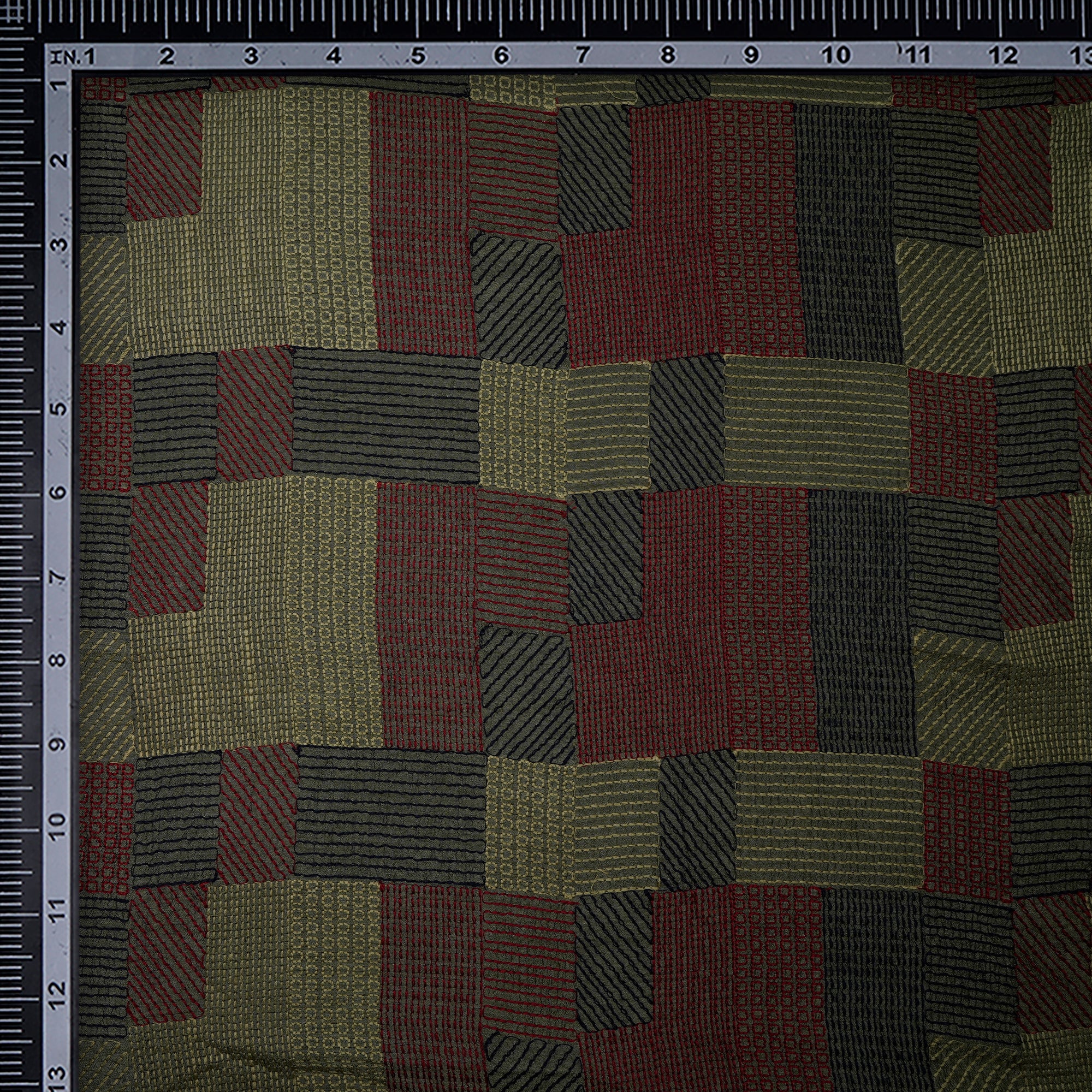 Mehendi Geometric Pattern Thread Embroidered Bemberg Viscose Fabric