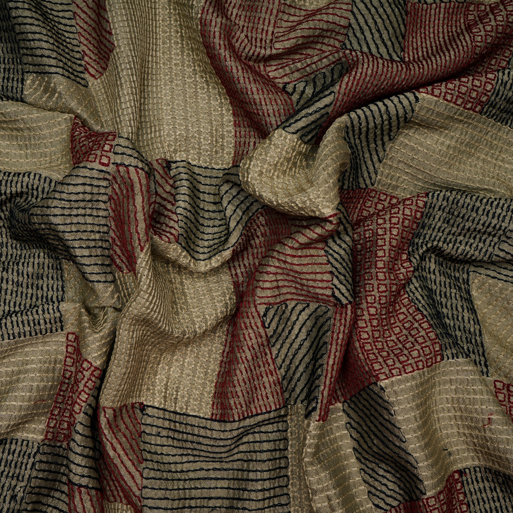 Sponge Geometric Pattern Thread Embroidered Bemberg Viscose Fabric