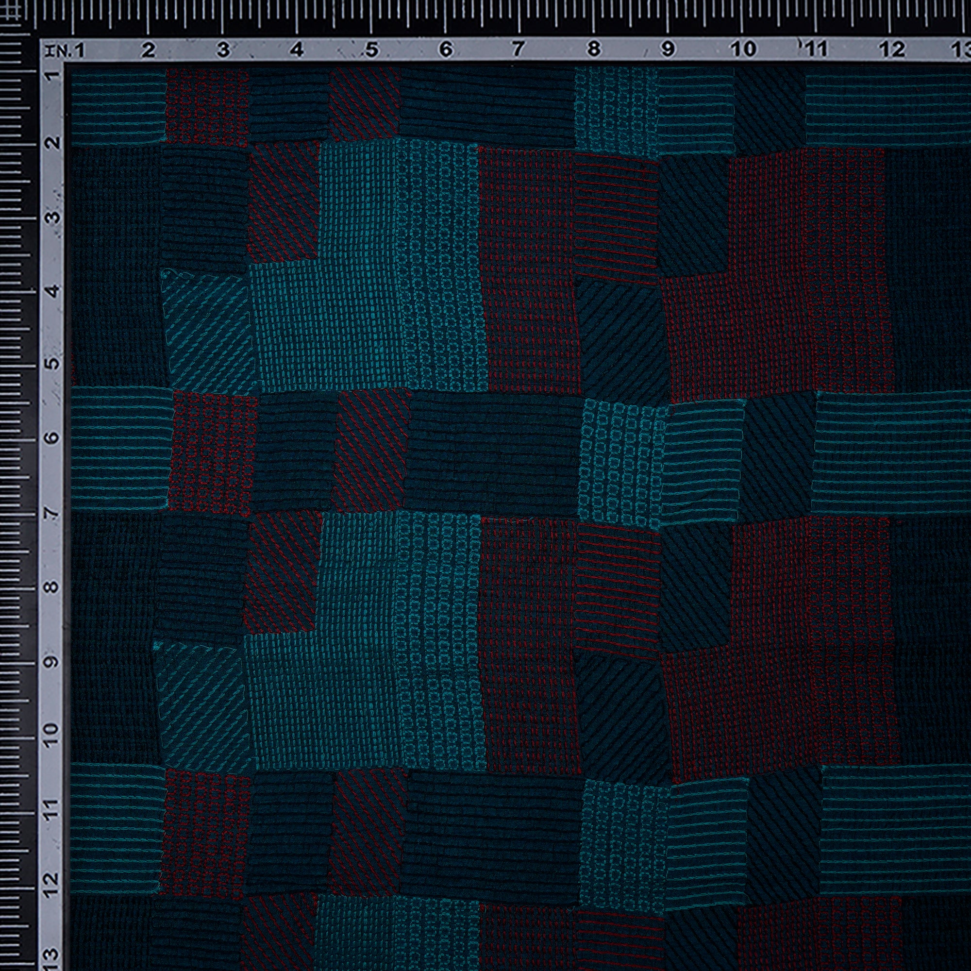 Indigo Geometric Pattern Thread Embroidered Bemberg Viscose Fabric