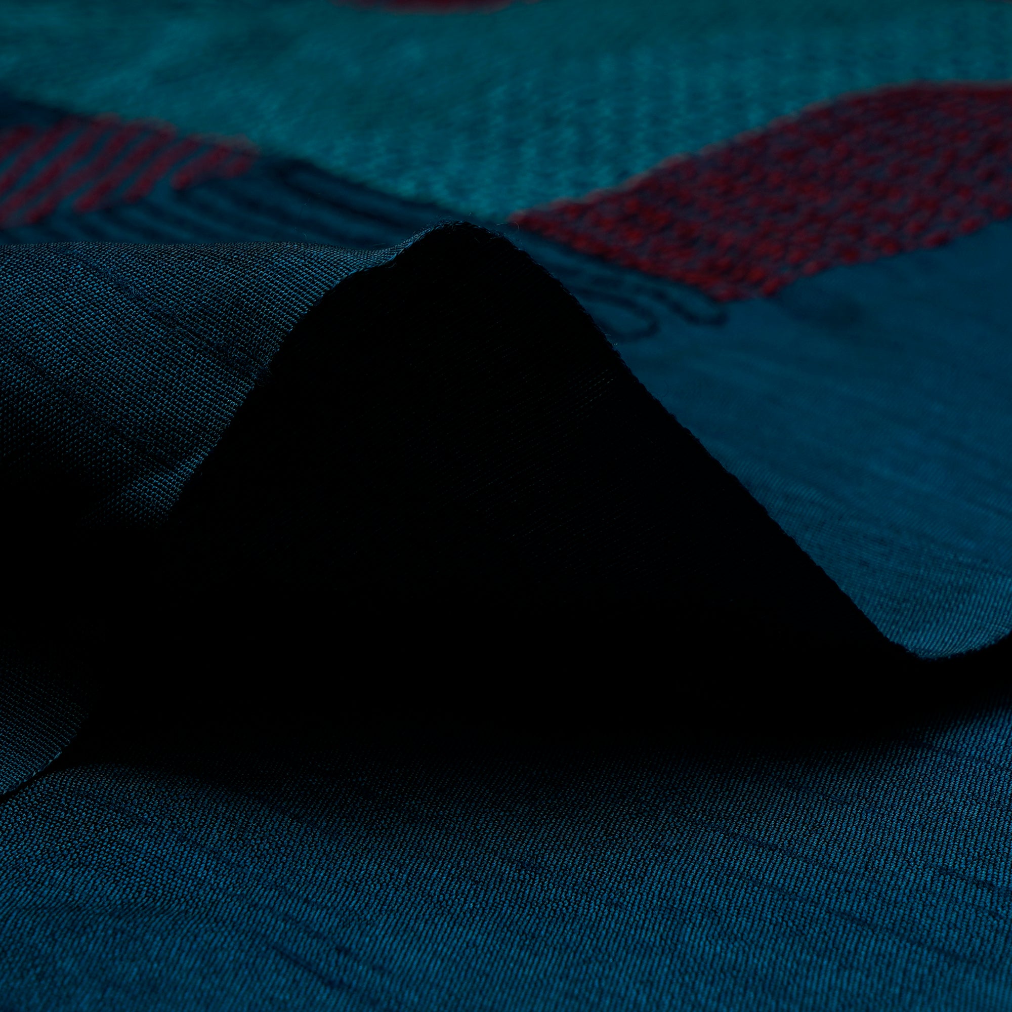 Indigo Geometric Pattern Thread Embroidered Bemberg Viscose Fabric