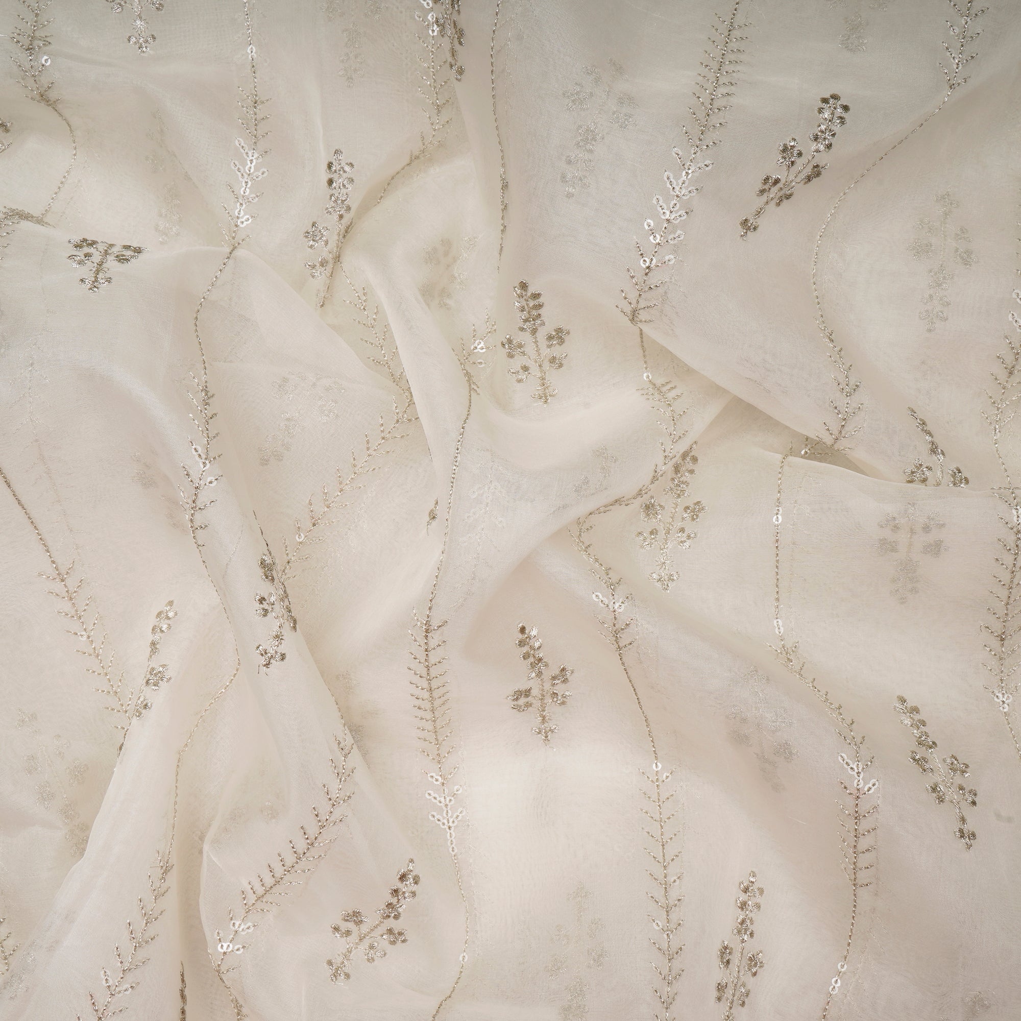 Off-White Dyeable All Over Parttern Jari & Sequins Embroidered Organza Silk Fabric