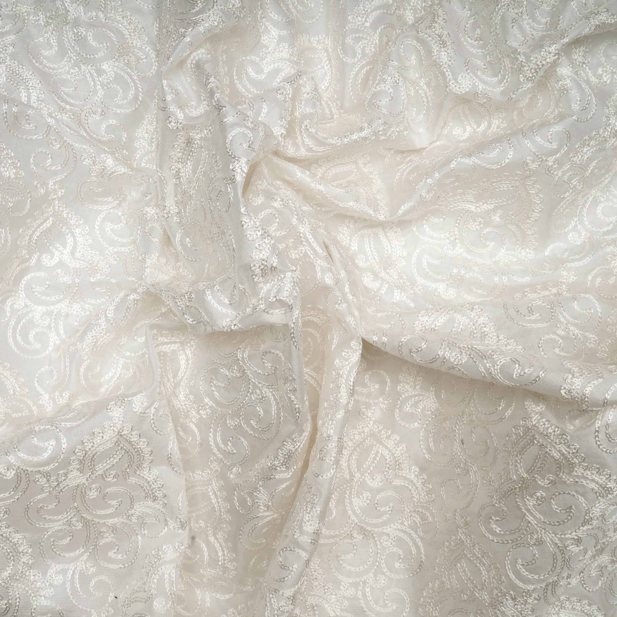 White Dyeable All Over Pattern Thread Embroidered Pure Mulbury Silk Fabric