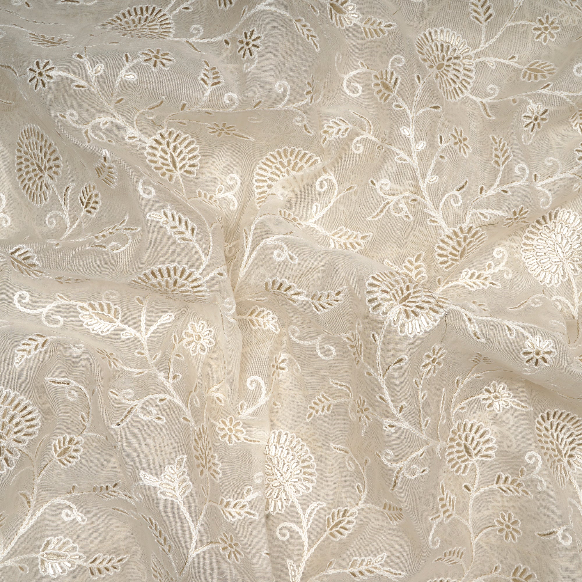 White Dyeable Floral Pattern Embroidered Chanderi Fabric