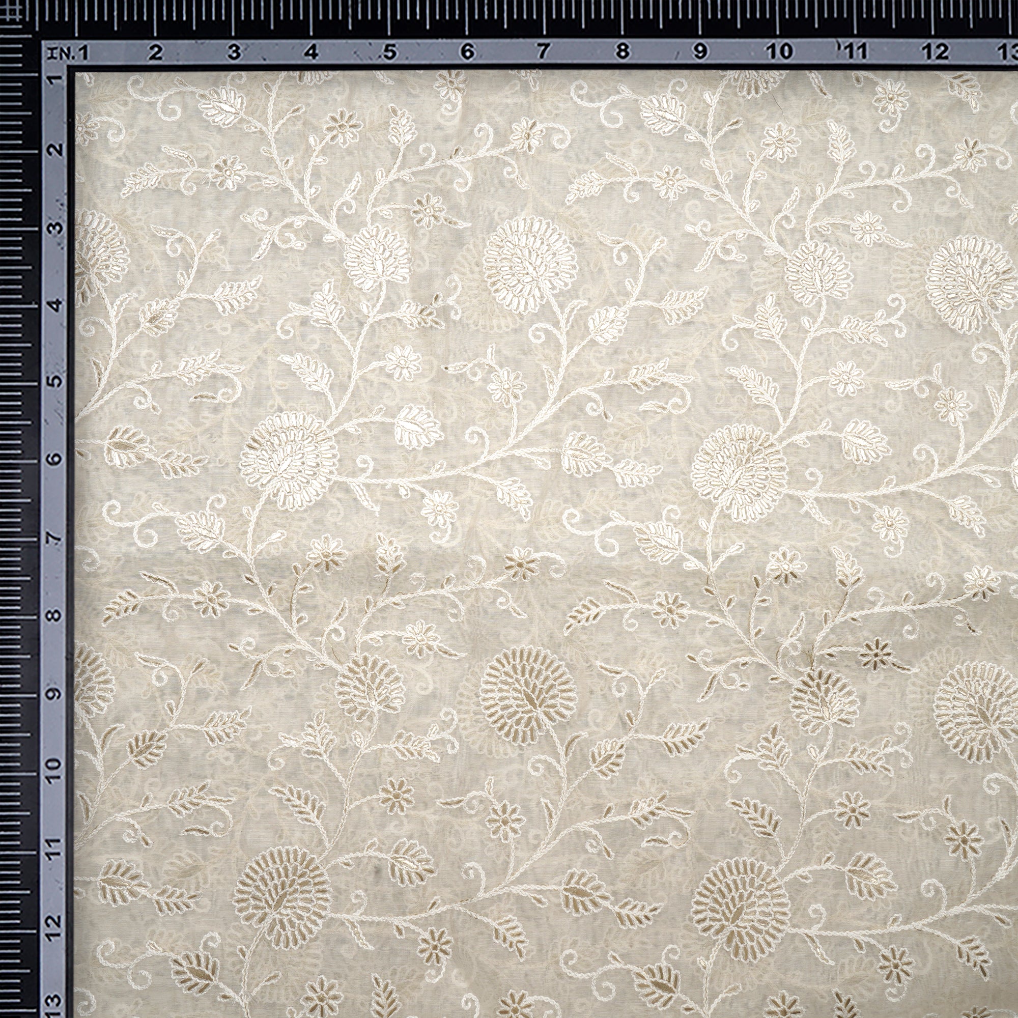 White Dyeable Floral Pattern Embroidered Chanderi Fabric