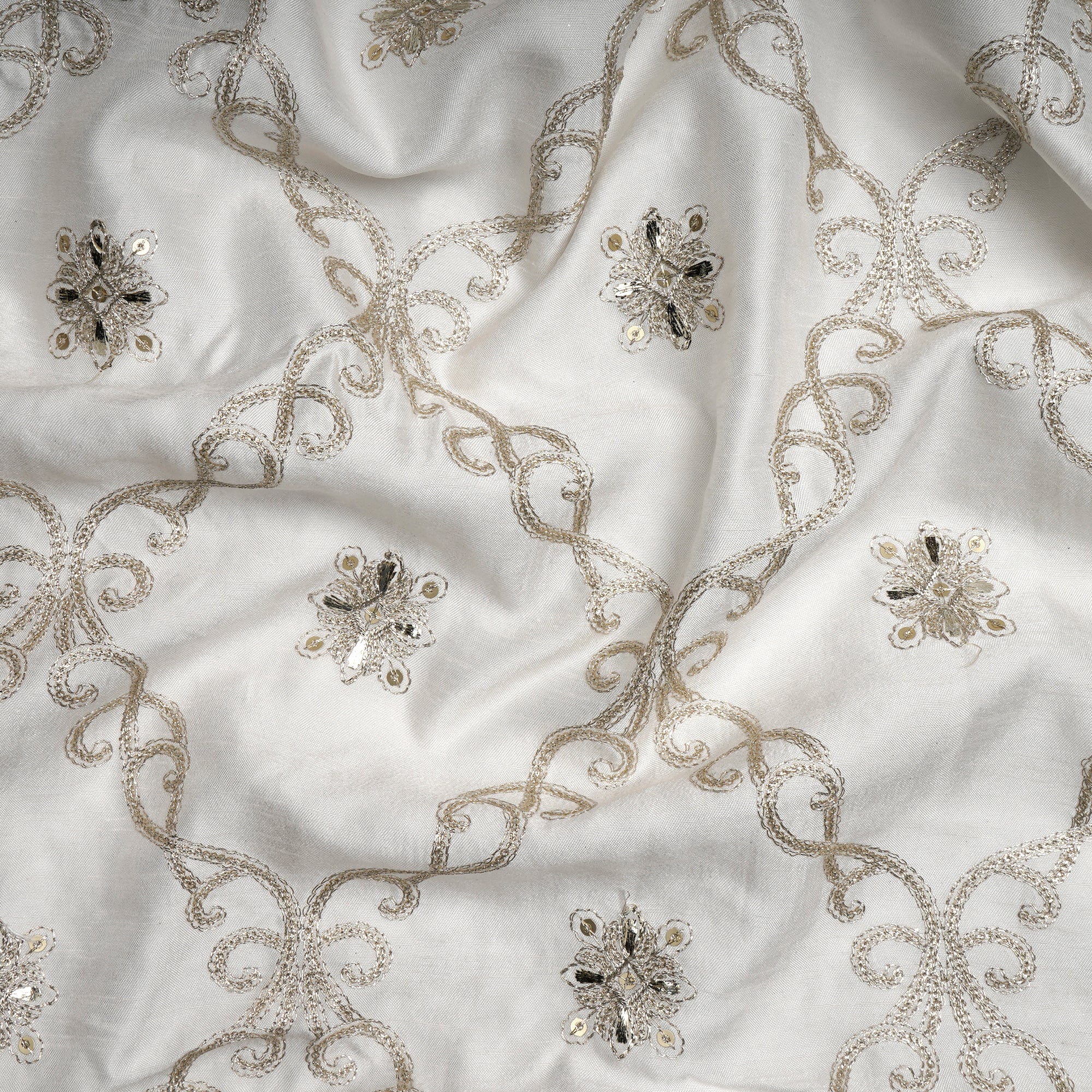 White Dyeable All Over Pattern Jari & Sequins Embroidered Viscose Satin Dupion Fabric