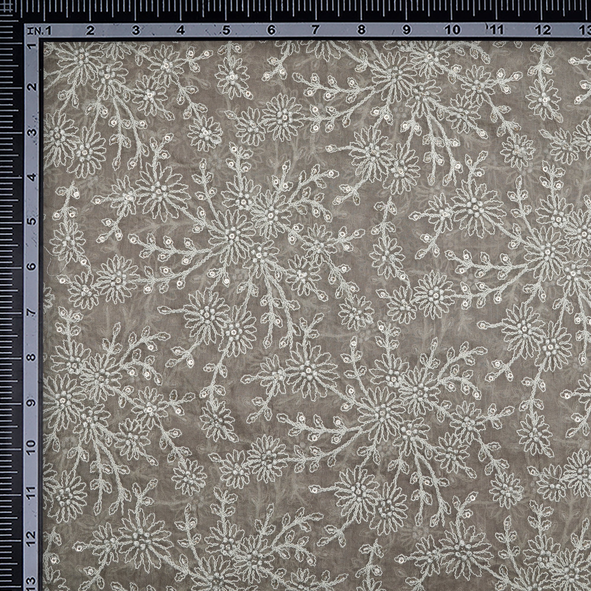 Off-White Dyeable Floral Pattern Thread & Sequins Embroidered Organza Silk Fabric