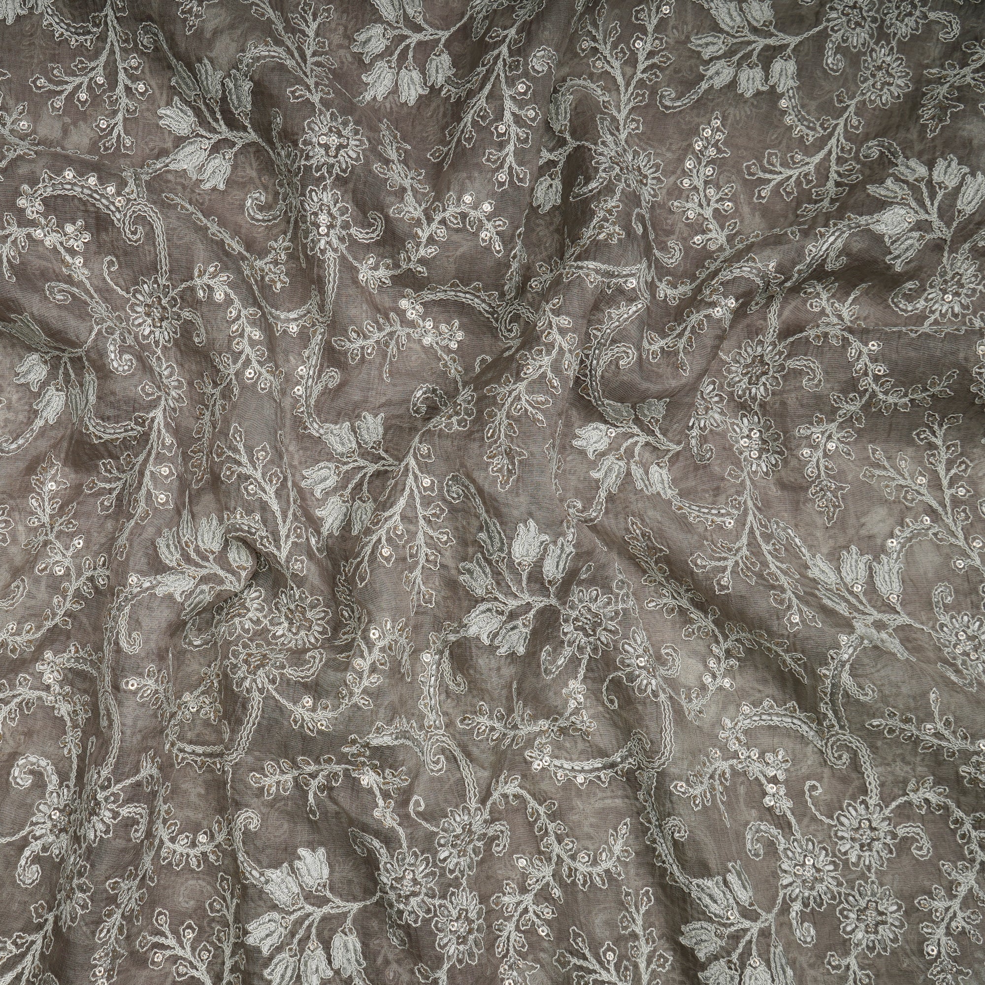 Off-White Dyeable Floral Pattern Thread & Sequins Embroidered Organza Silk Fabric