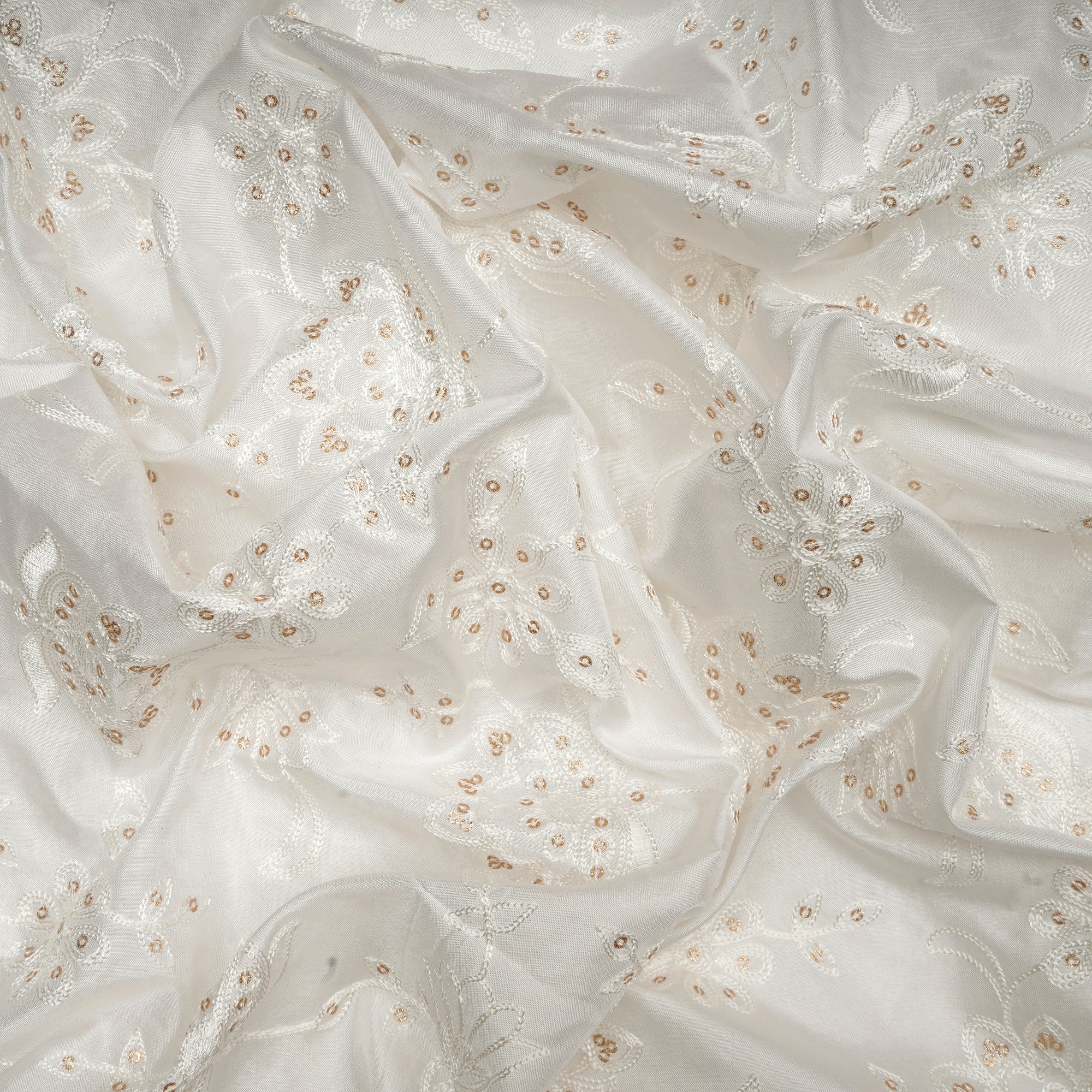 White Dyeable Floral Pattern Thread & Sequins Embroidered Pure Mulbury Silk Fabric