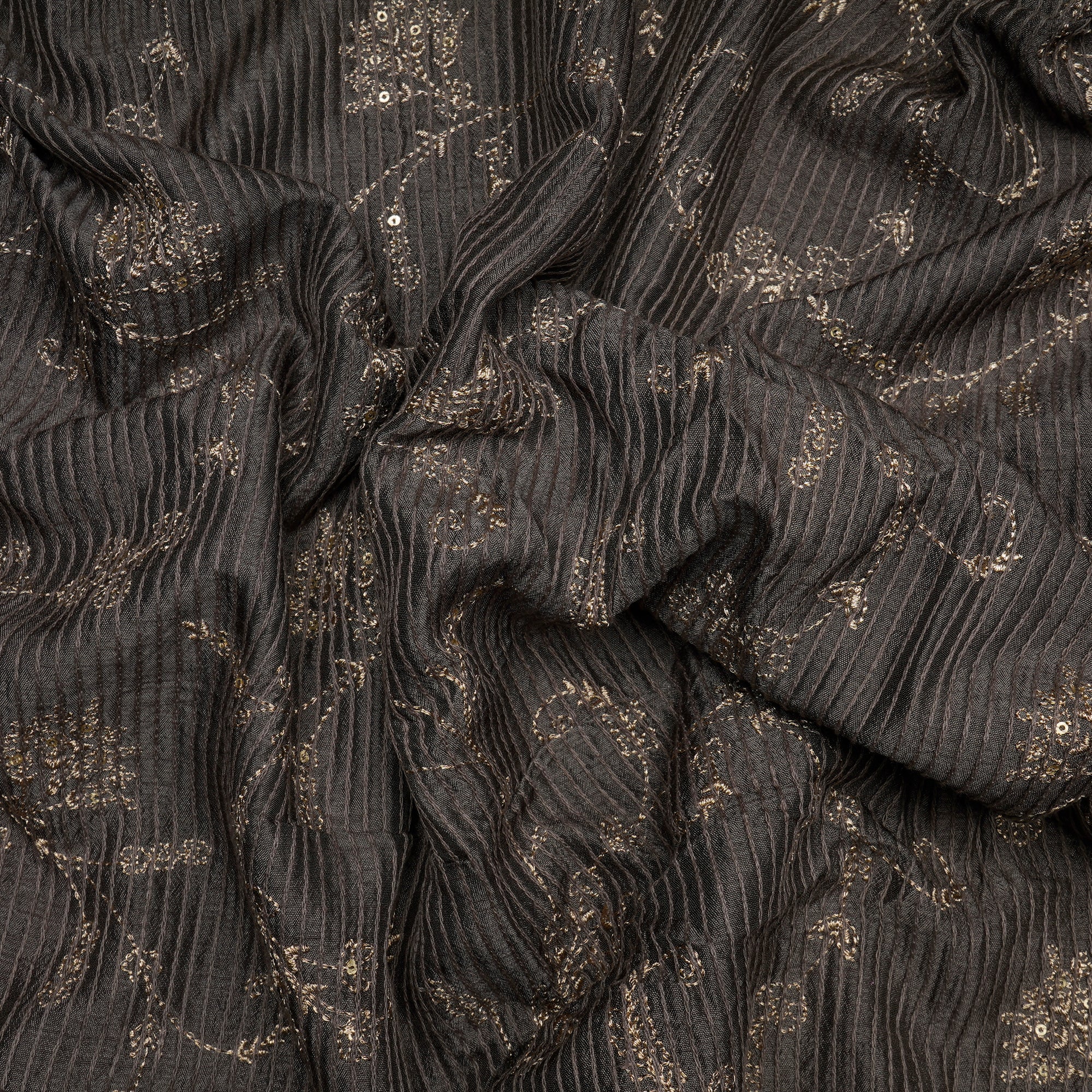 Grey Floral Pattern Zari & Sequins Embroidered Viscose Fabric