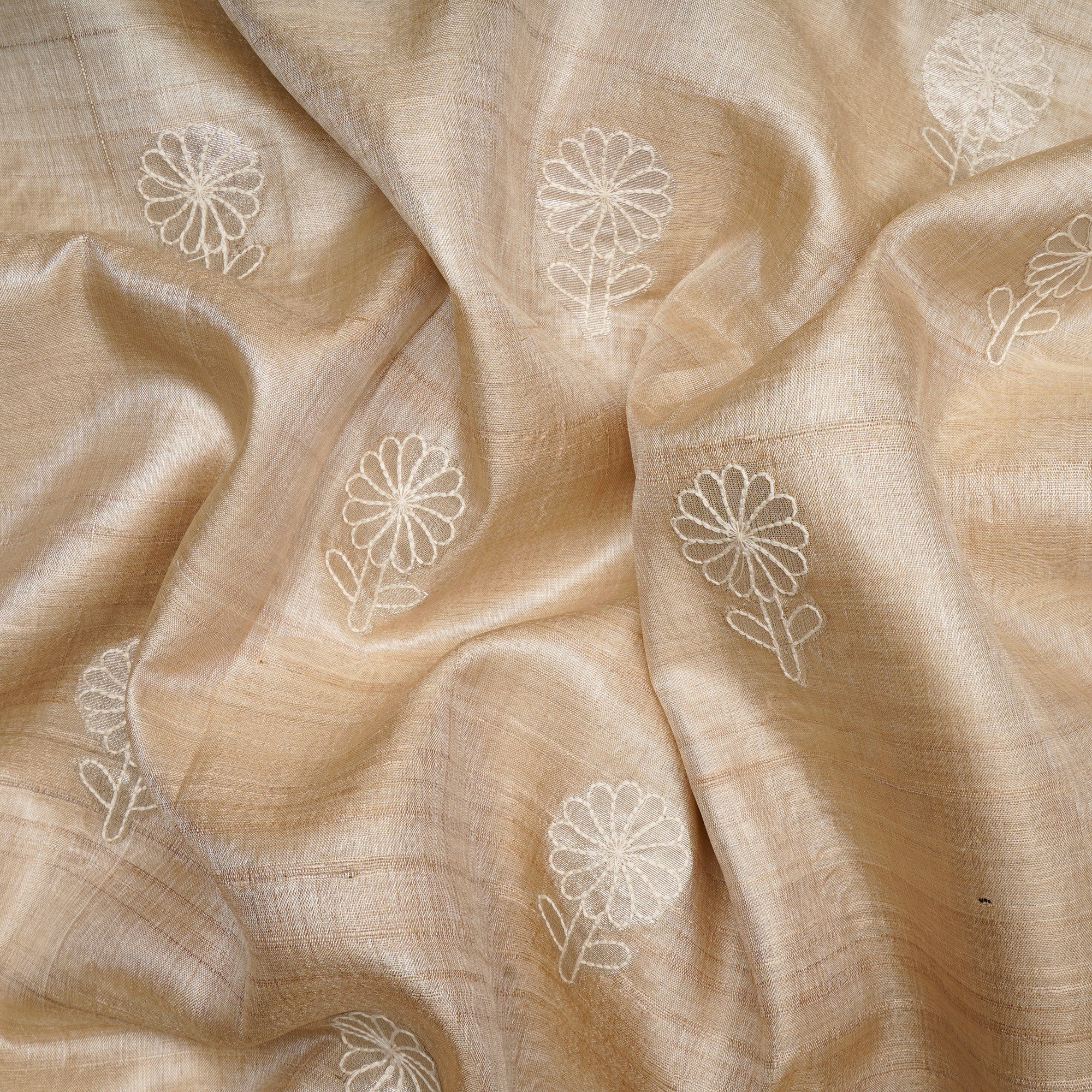 Beige Floral Motif Pattern Embroidered Tusser Silk Fabric