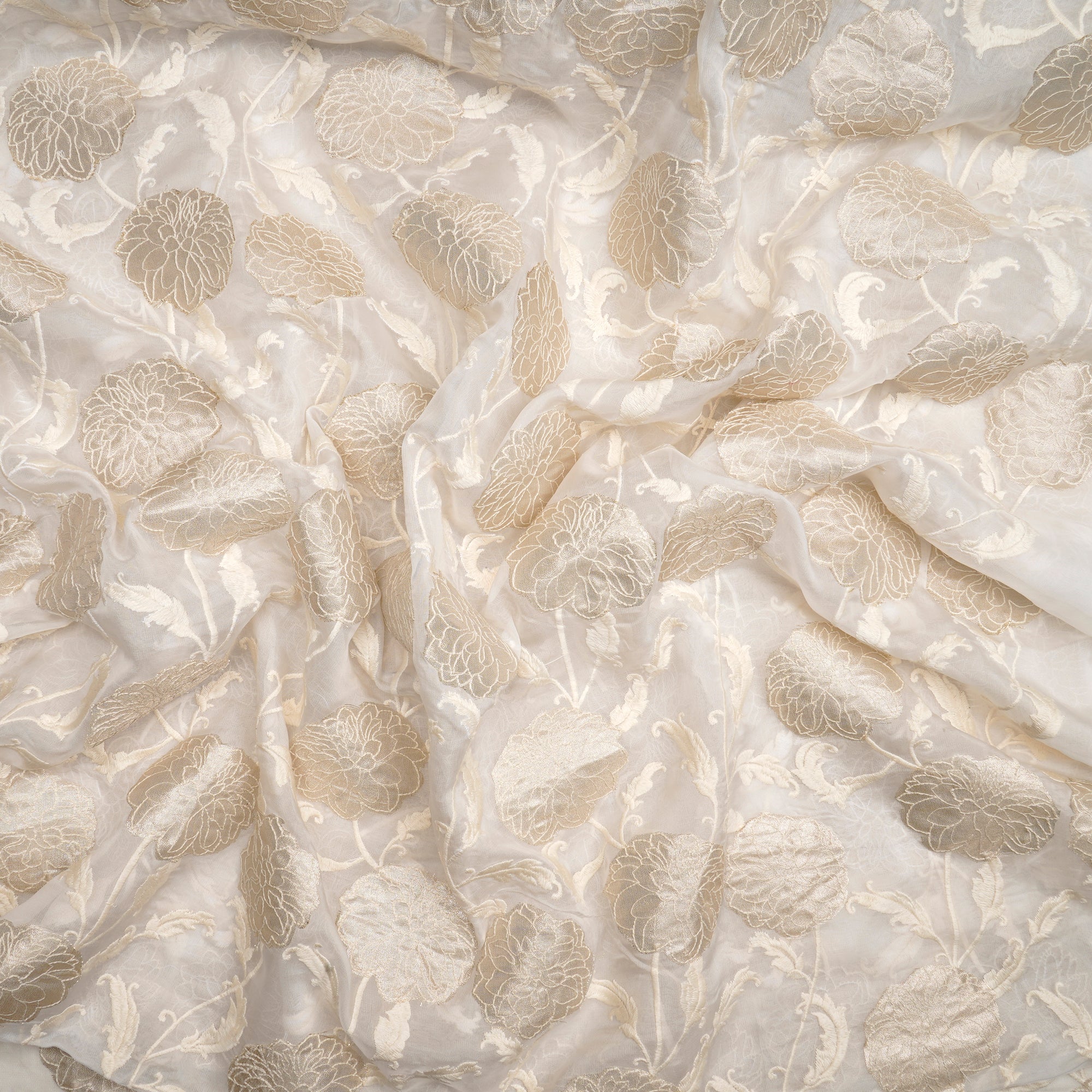 Off-White Dyeable Floral Pattern Embroidered Viscose Organza Fabric