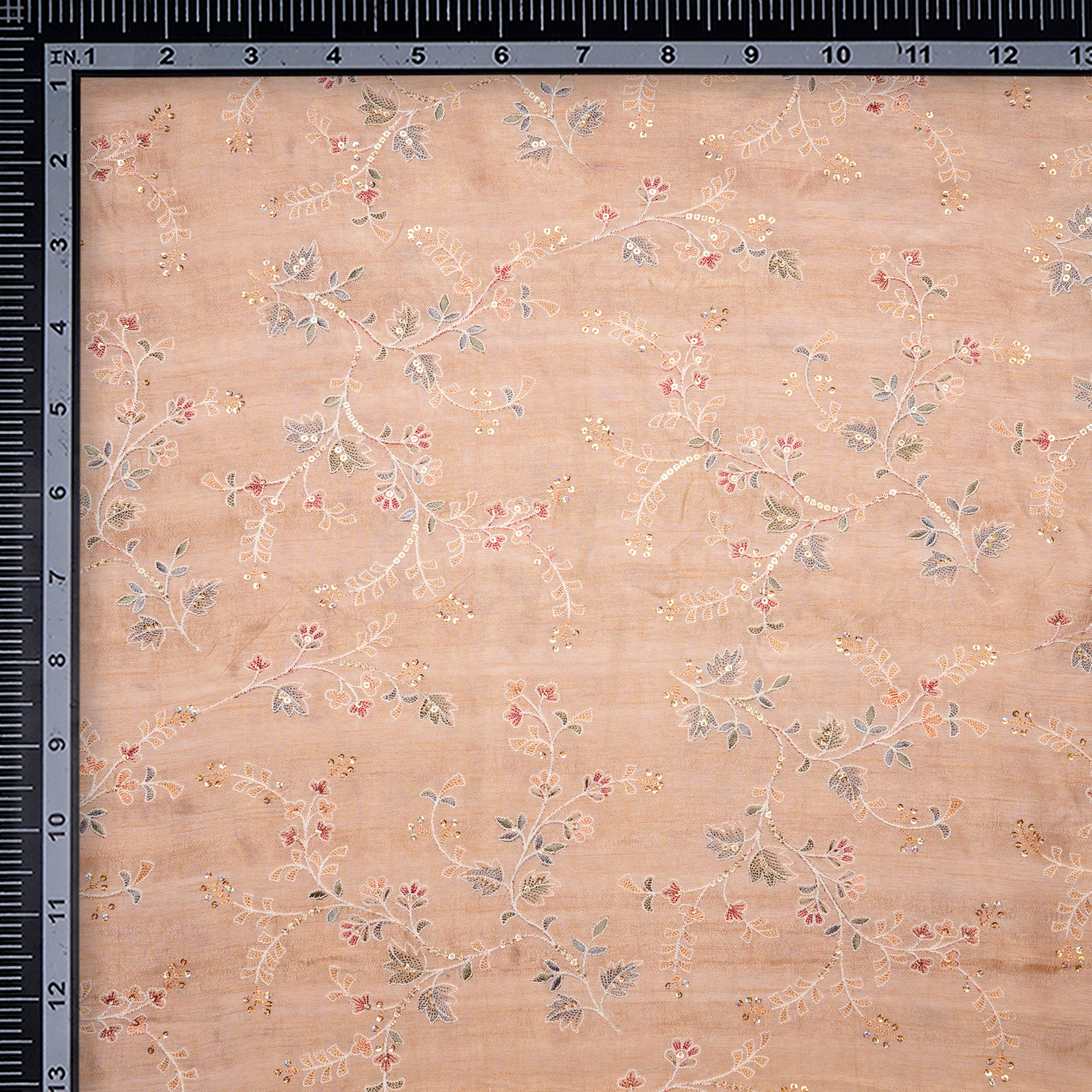 Peach Floral Pattern Thread & Sequins Embroidered Muga Silk Fabric