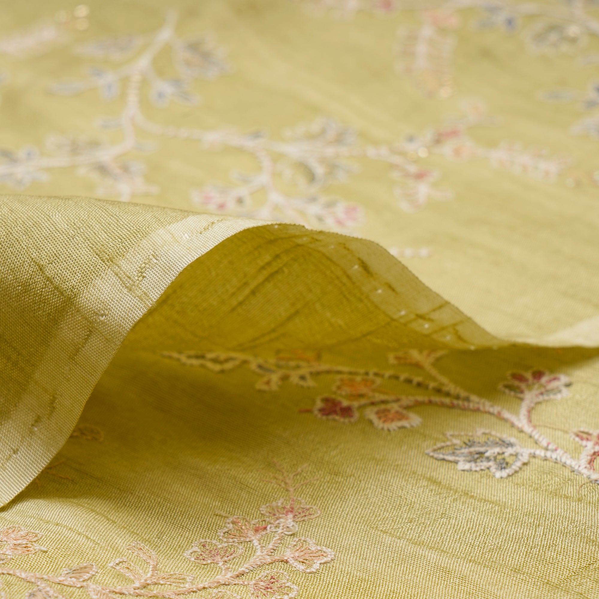 Golden Mist Floral Pattern Thread & Sequins Embroidered Muga Silk Fabric