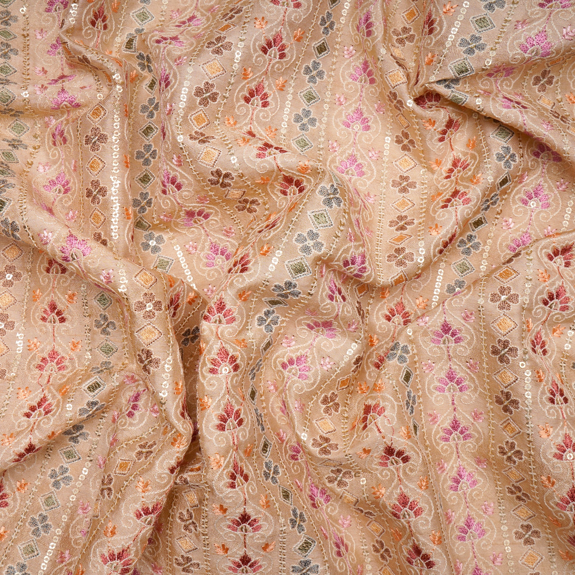 Peach All Over Pattern Thread & Sequins Embroidered Muga Silk Fabric